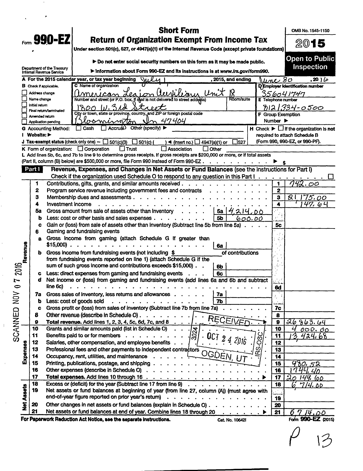 Image of first page of 2015 Form 990EO for American Legion Auxiliary - 18 Burton Woolery