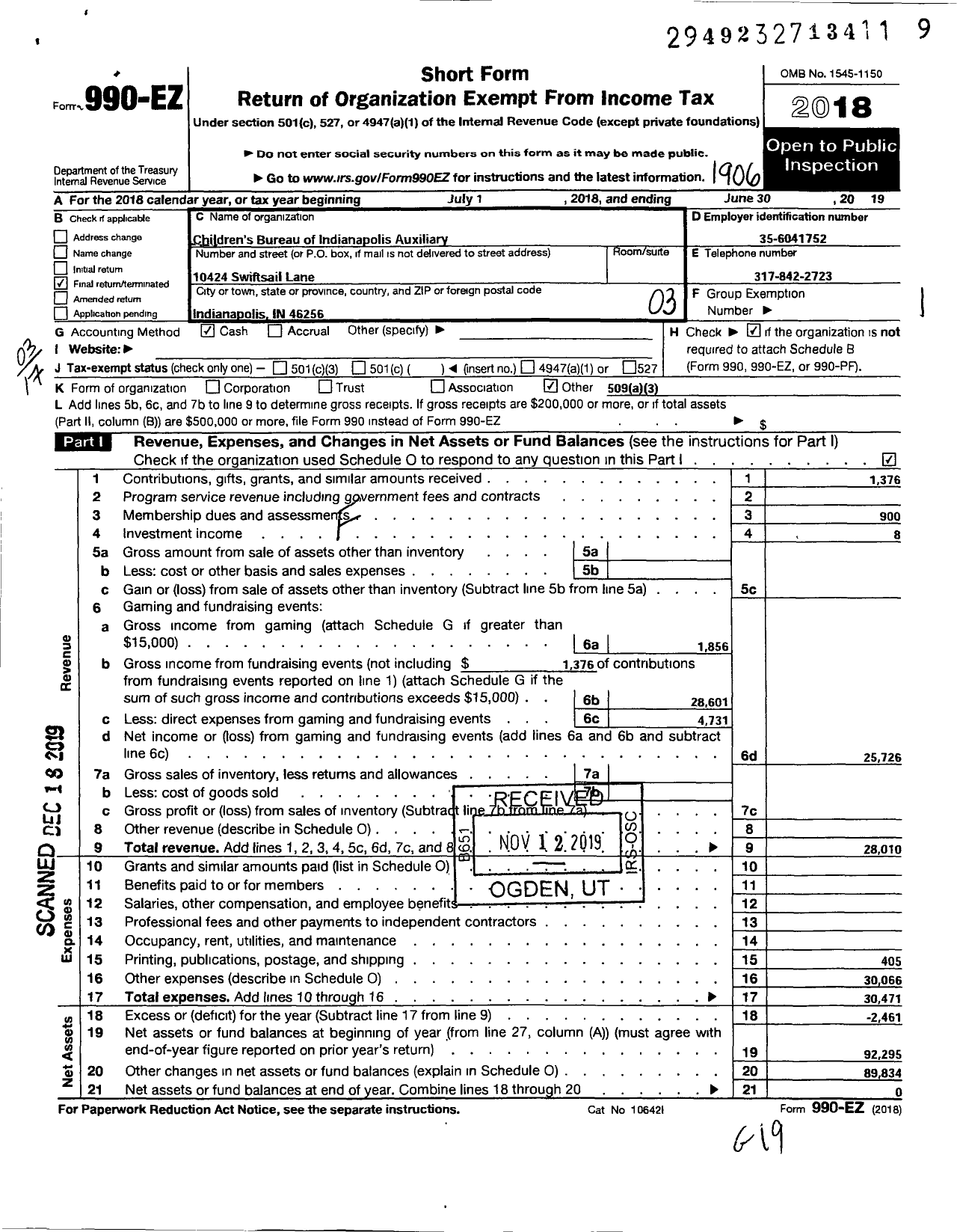 Image of first page of 2018 Form 990EZ for Childrens Bureau of Indianapolis Auxiliary