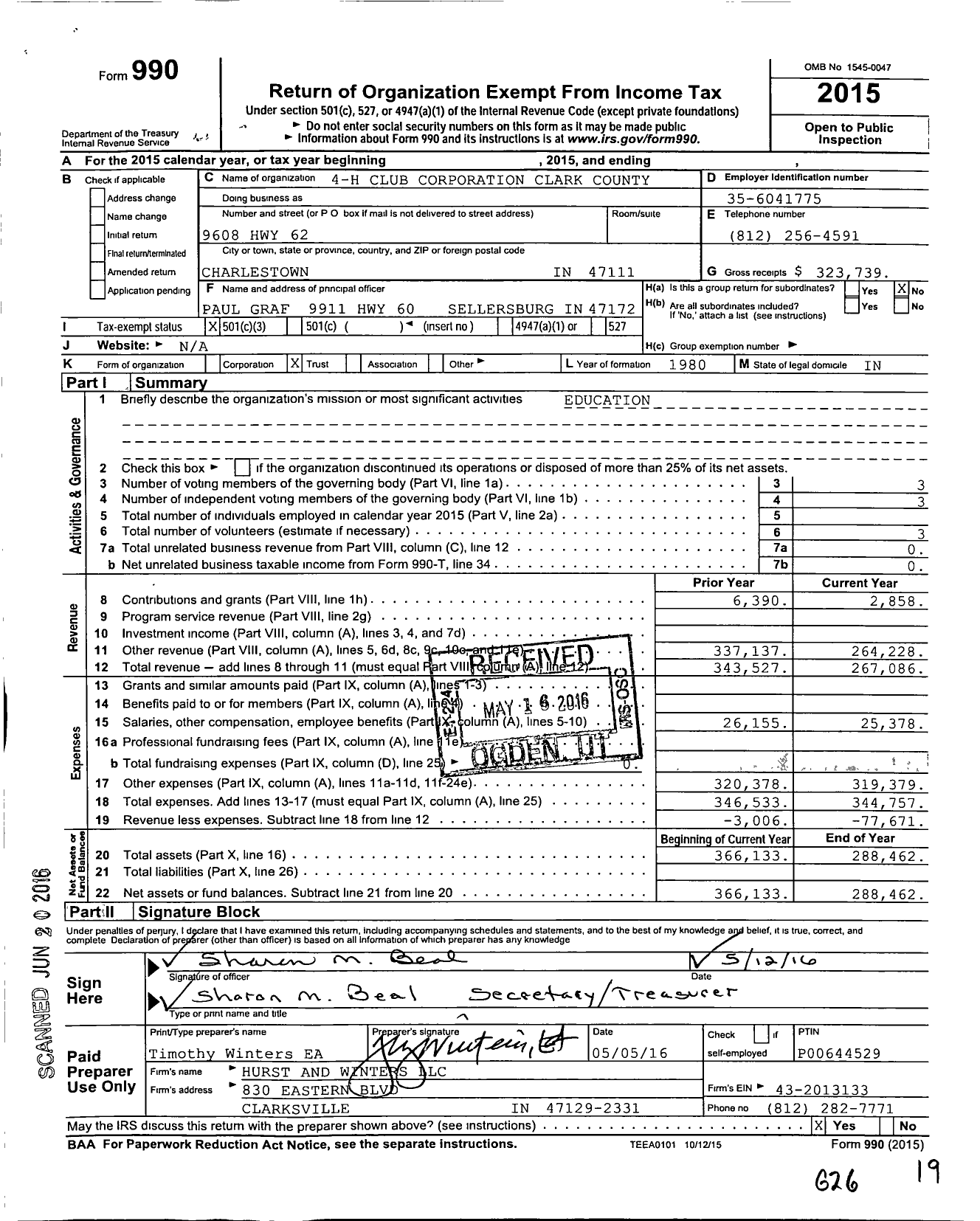 Image of first page of 2015 Form 990 for 4-H Club Corporation Clark County