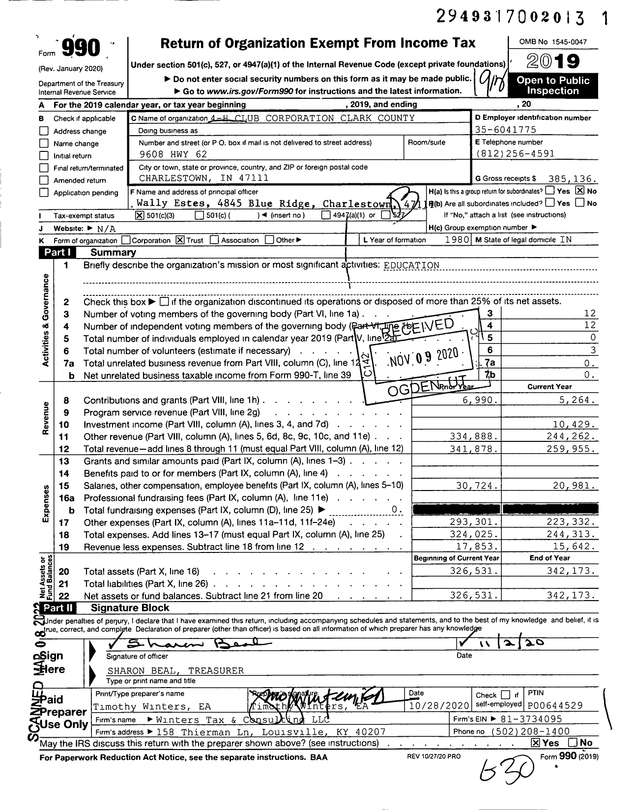 Image of first page of 2019 Form 990 for 4-H Club Corporation Clark County