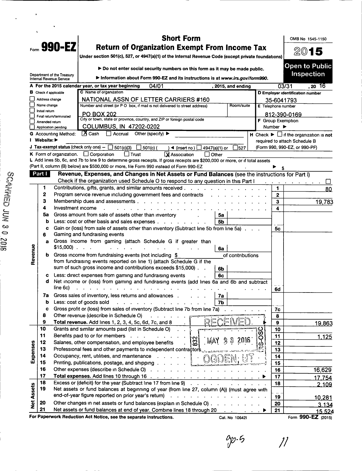 Image of first page of 2015 Form 990EO for National Association of Letter Carriers 160