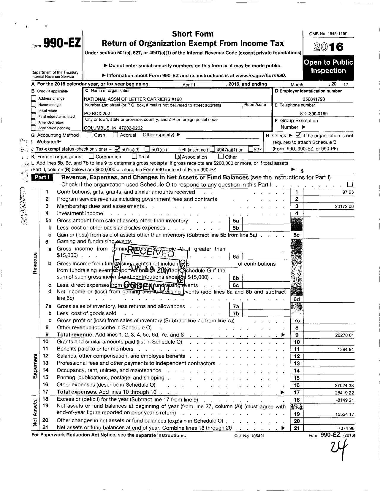 Image of first page of 2016 Form 990EZ for National Association of Letter Carriers 160