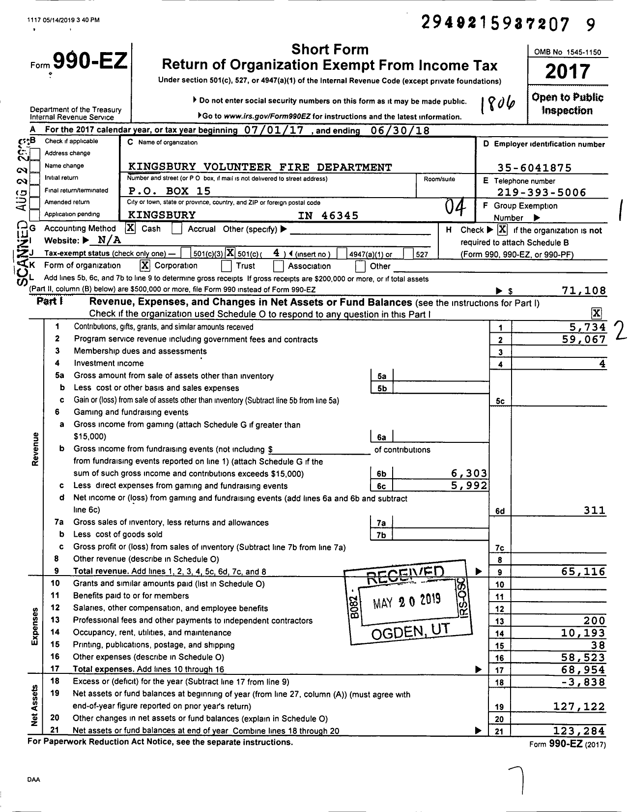 Image of first page of 2017 Form 990EO for Kingsbury Volunteer Fire Department