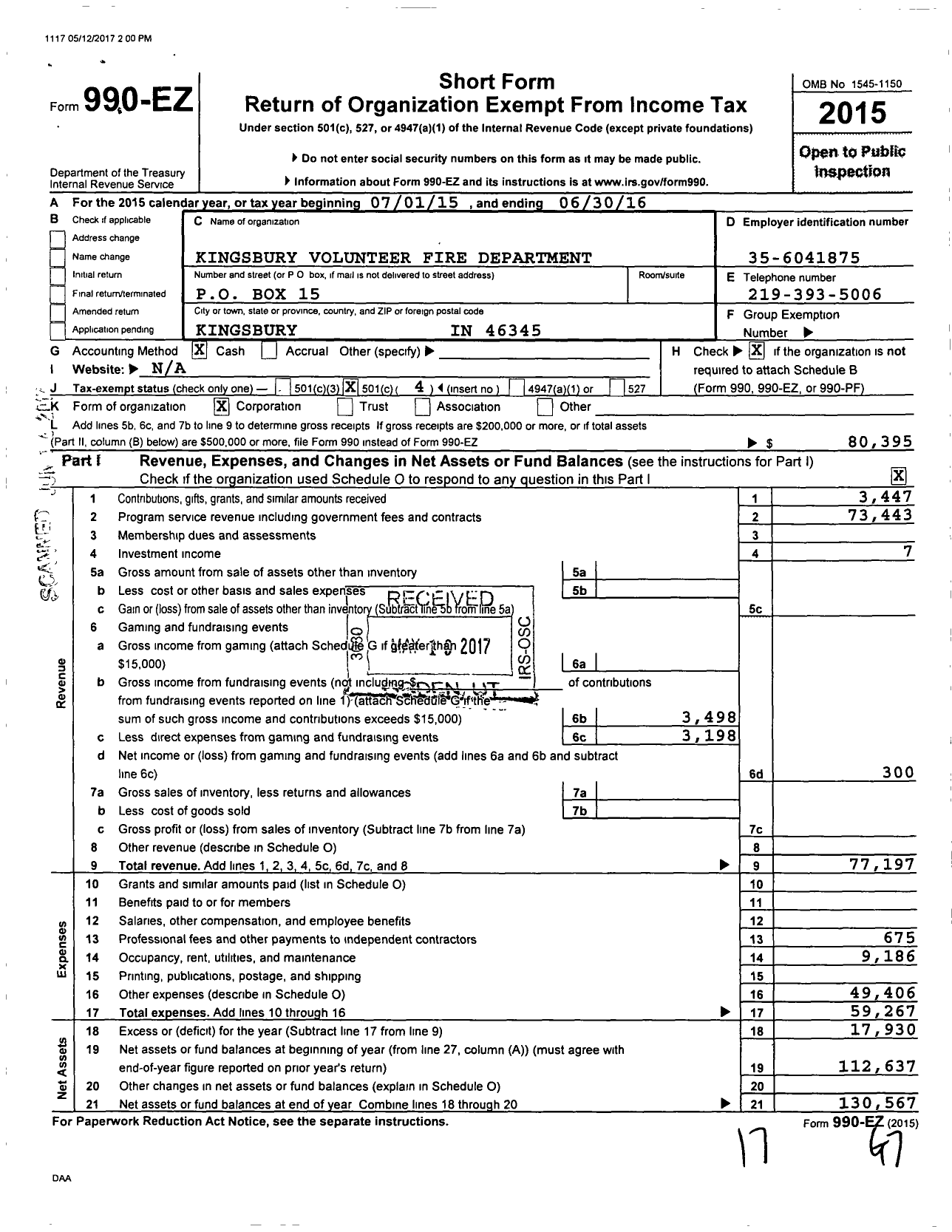 Image of first page of 2015 Form 990EO for Kingsbury Volunteer Fire Department