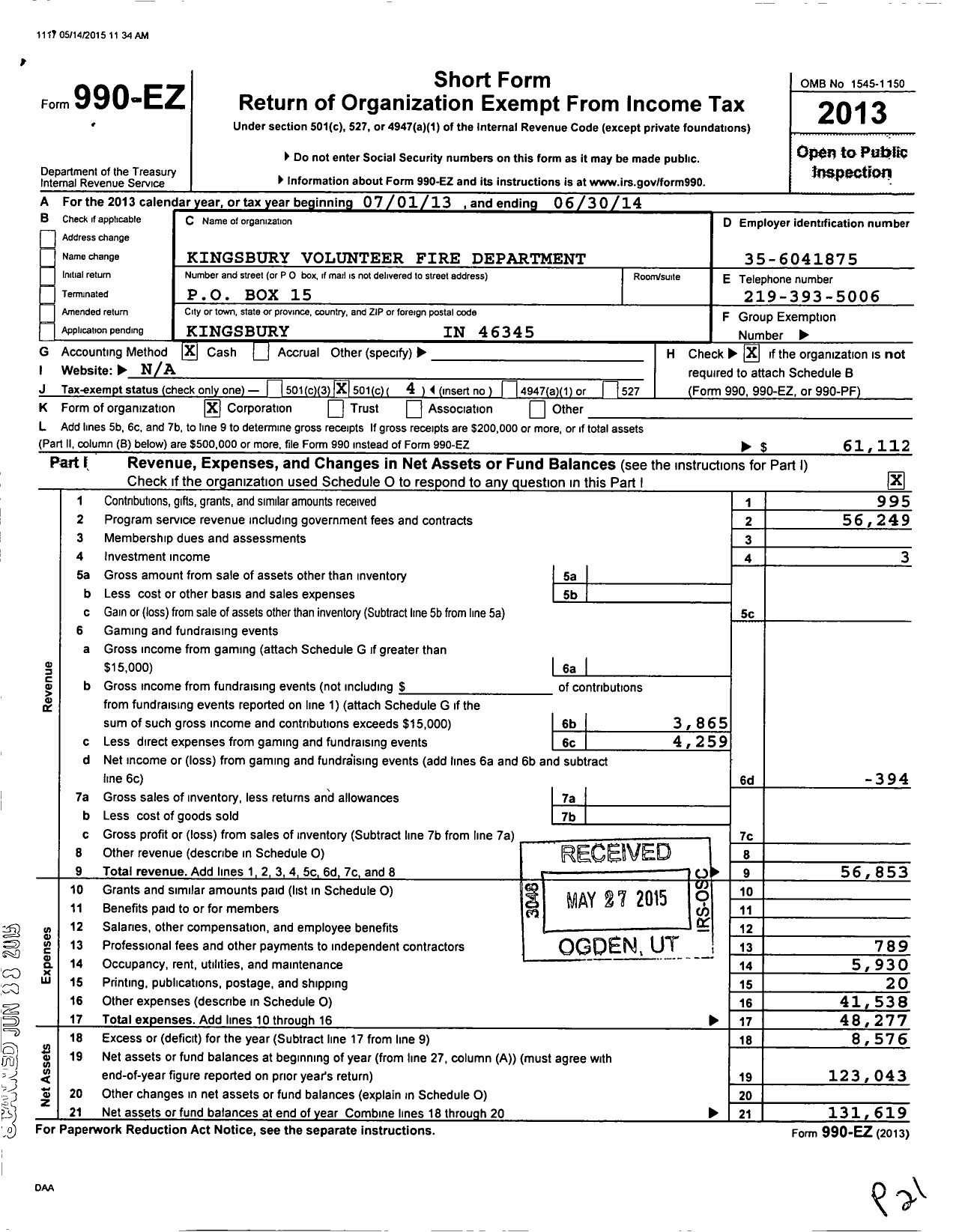 Image of first page of 2013 Form 990EO for Kingsbury Volunteer Fire Department