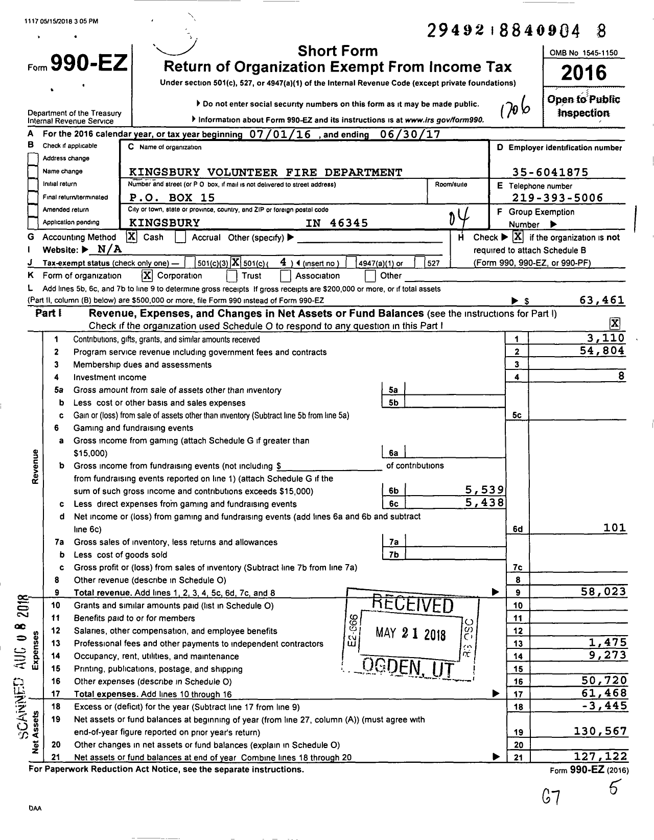 Image of first page of 2016 Form 990EO for Kingsbury Volunteer Fire Department