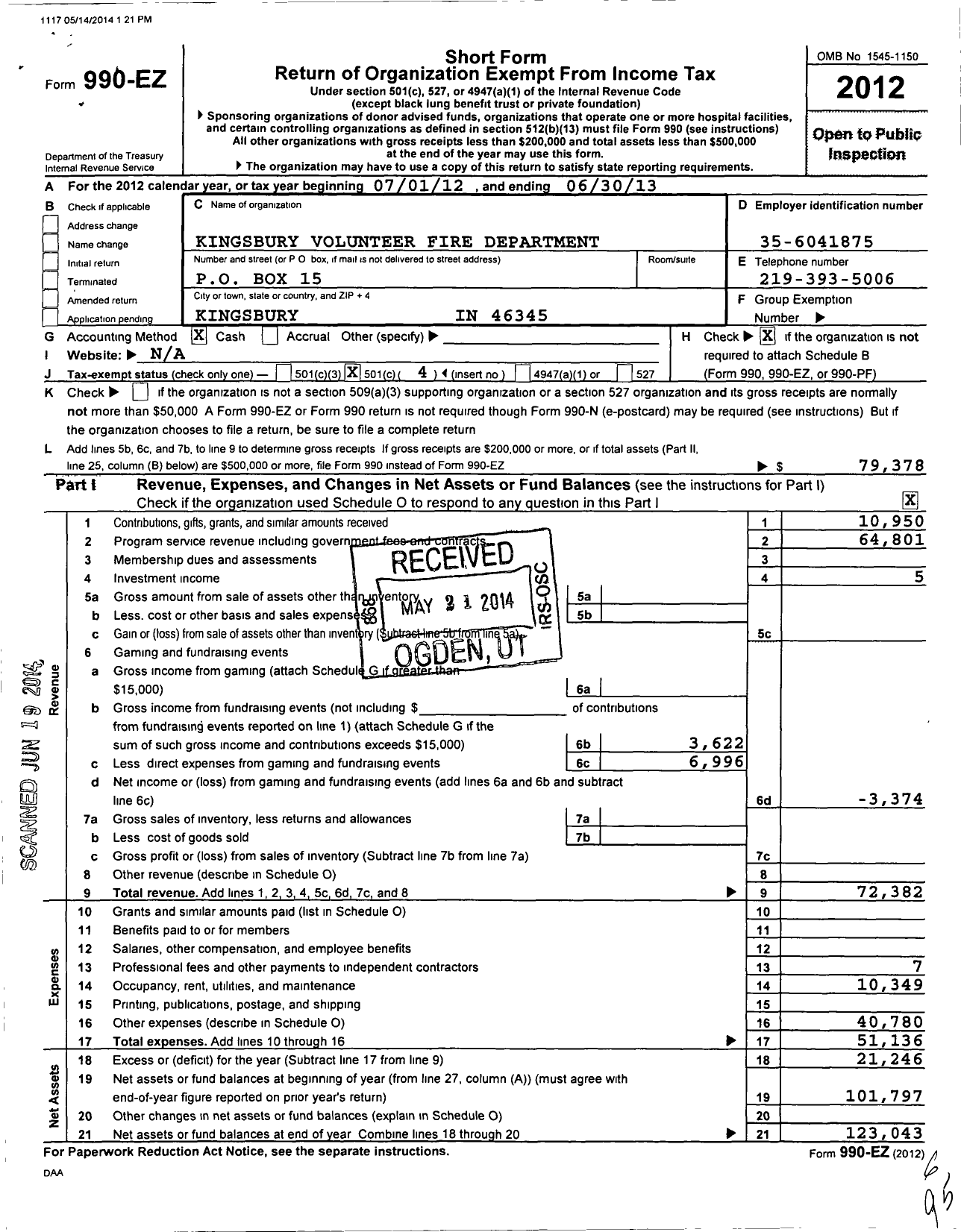 Image of first page of 2012 Form 990EO for Kingsbury Volunteer Fire Department