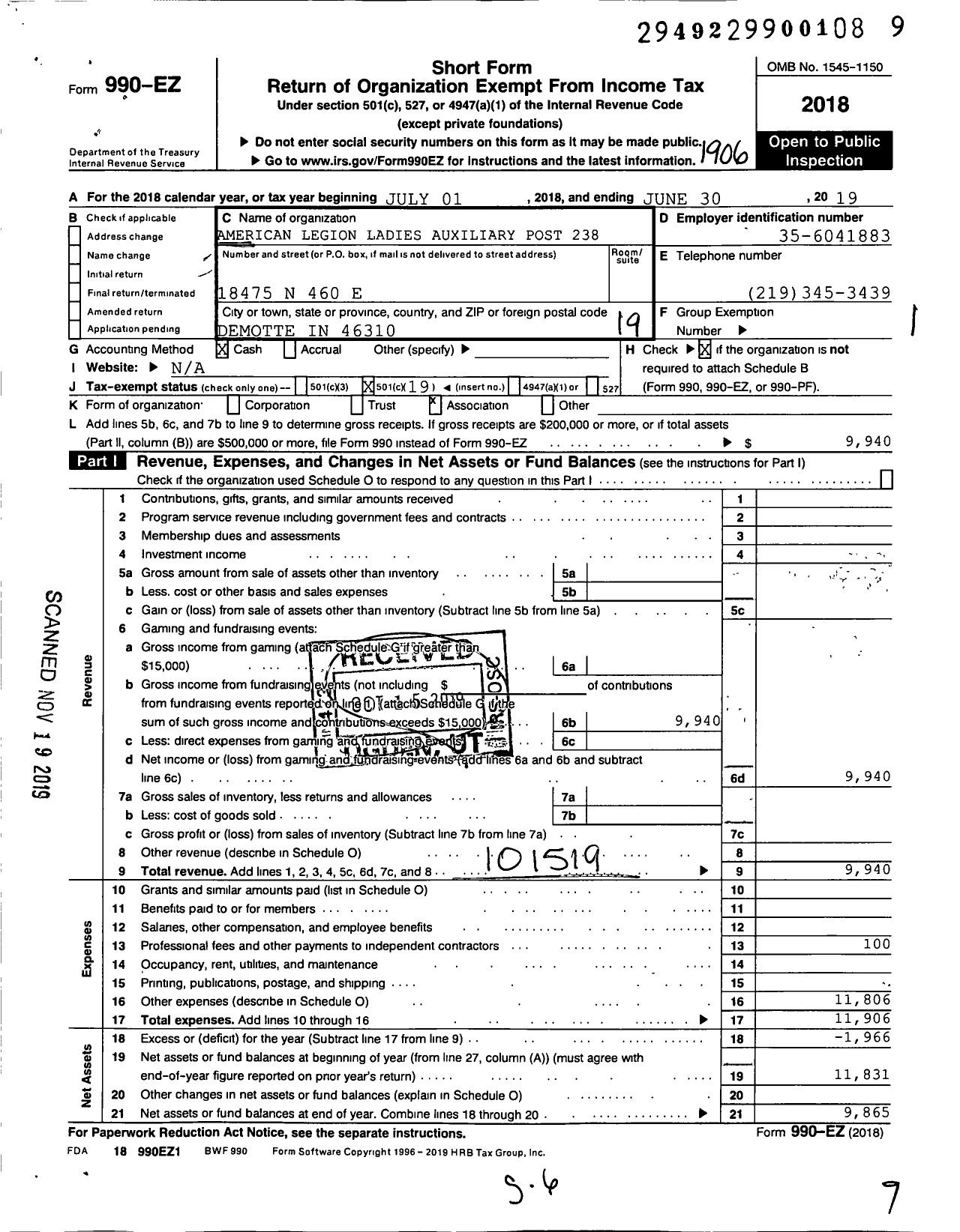 Image of first page of 2018 Form 990EO for American Legion Ladies Auxiliary Post 238