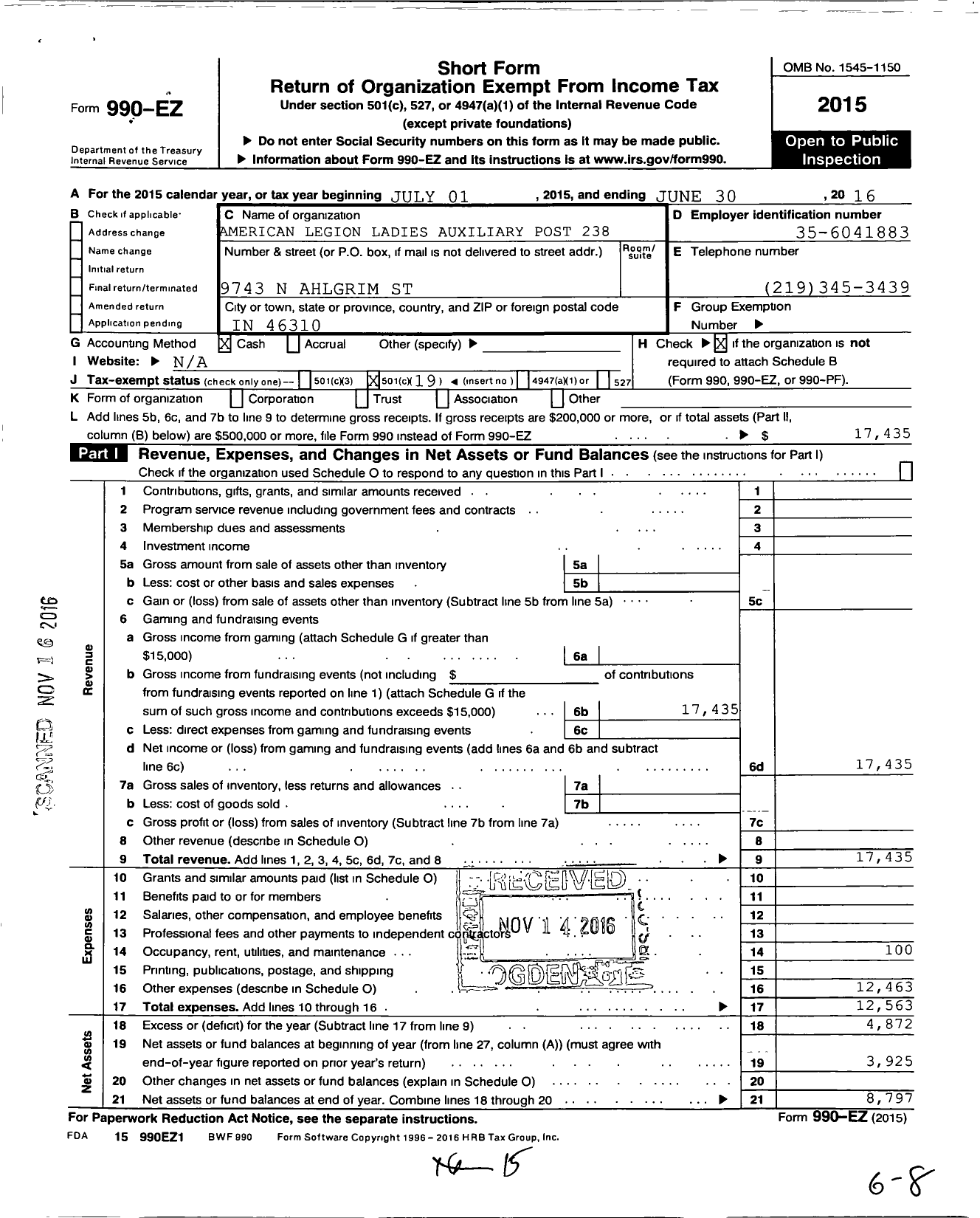 Image of first page of 2015 Form 990EO for American Legion Ladies Auxiliary Post 238