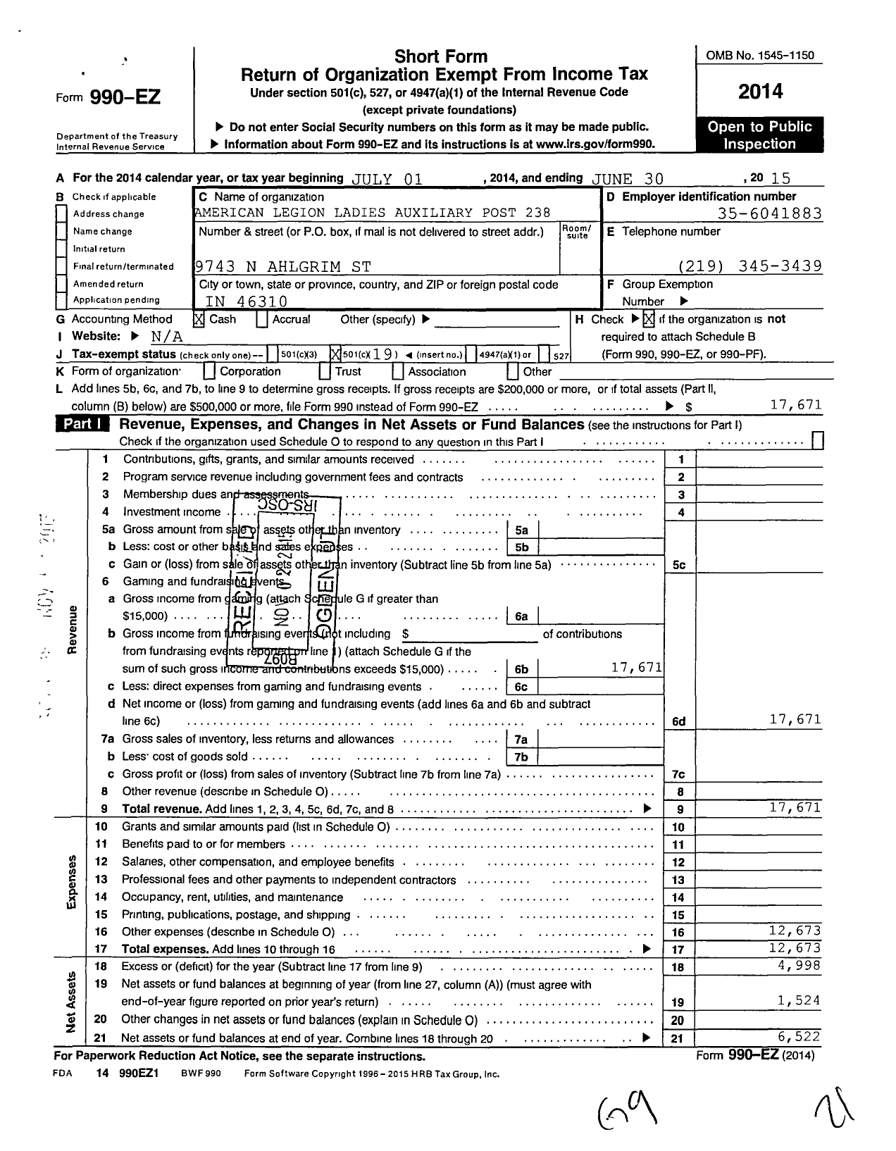 Image of first page of 2014 Form 990EO for American Legion Ladies Auxiliary Post 238