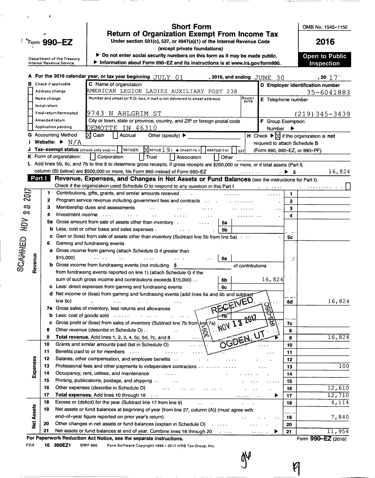 Image of first page of 2016 Form 990EO for American Legion Ladies Auxiliary Post 238