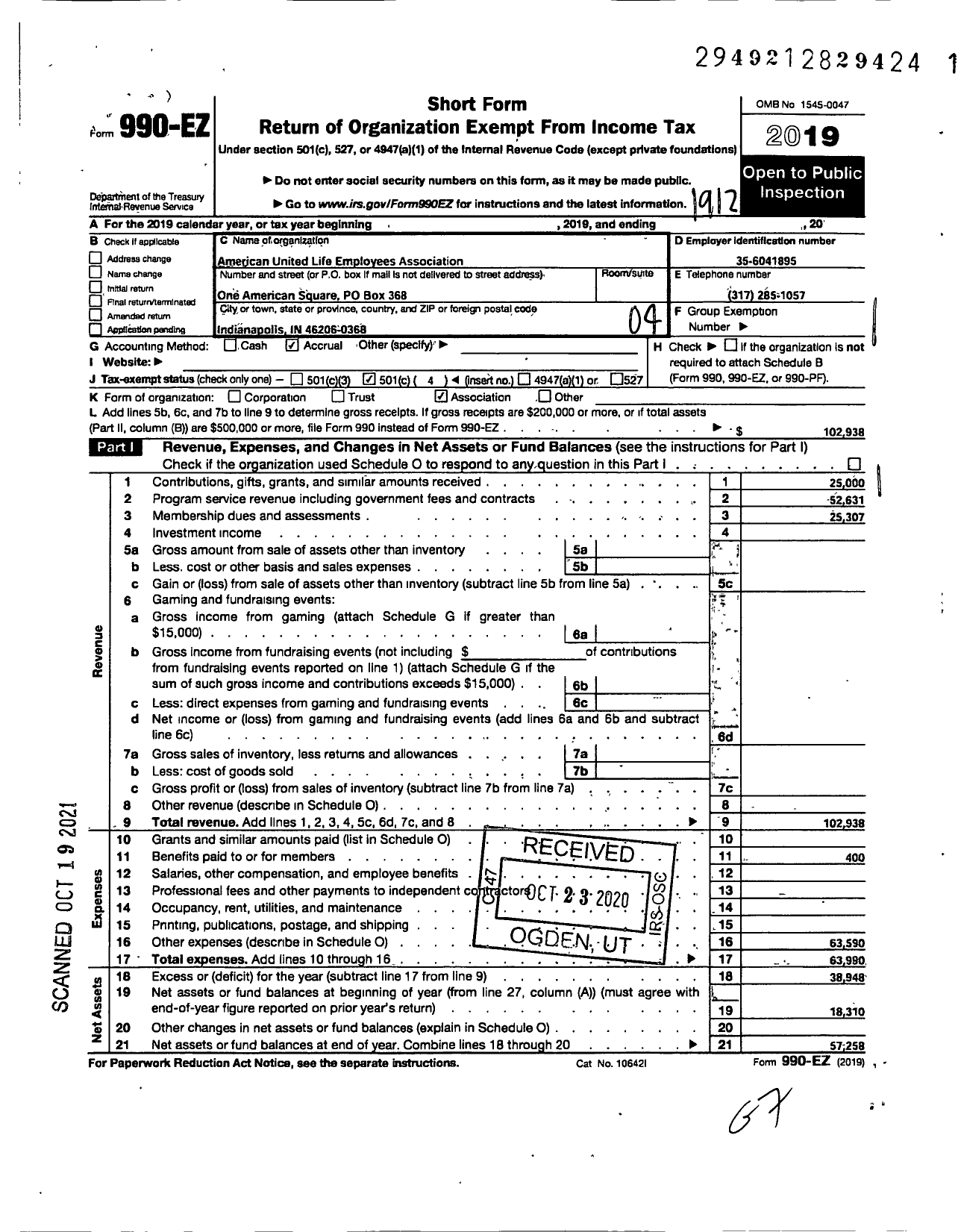 Image of first page of 2019 Form 990EO for American United Life Employees Association