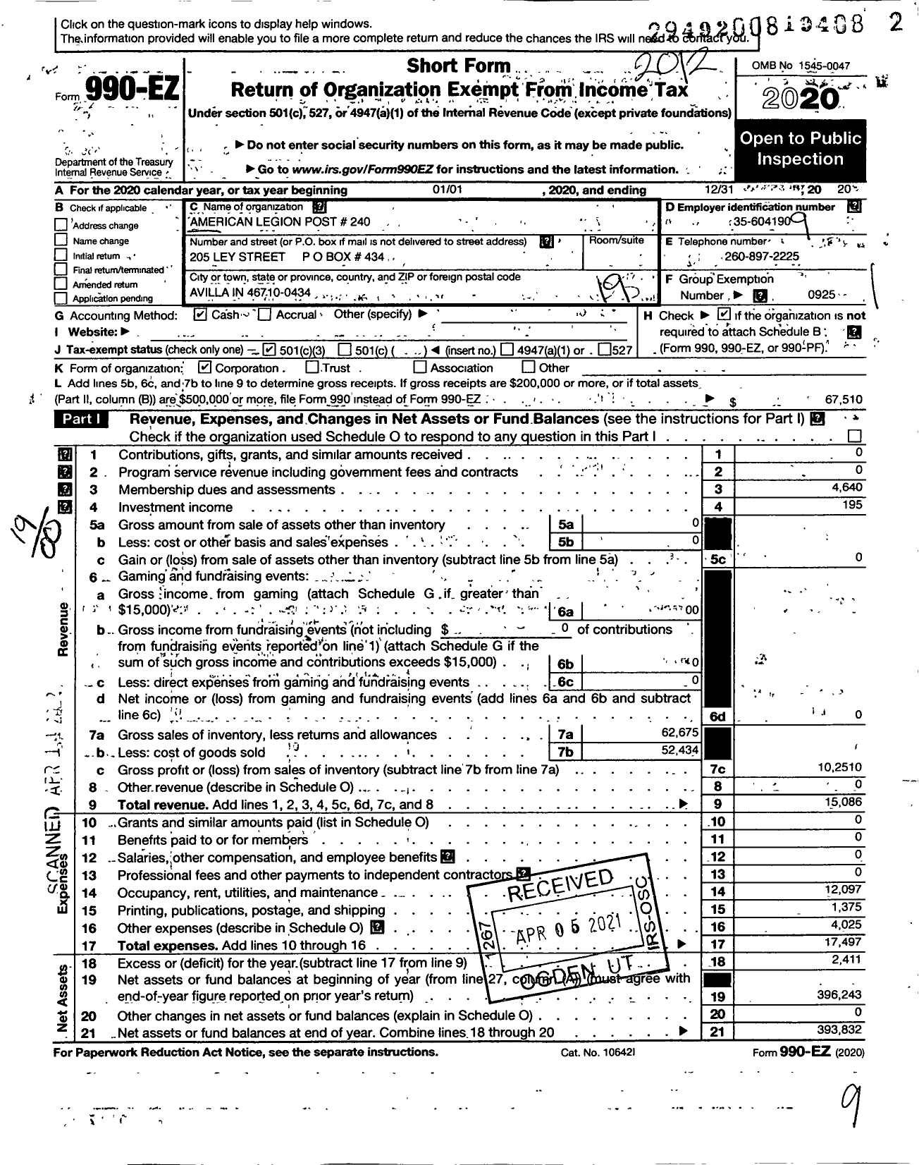 Image of first page of 2020 Form 990EO for American Legion Post 240