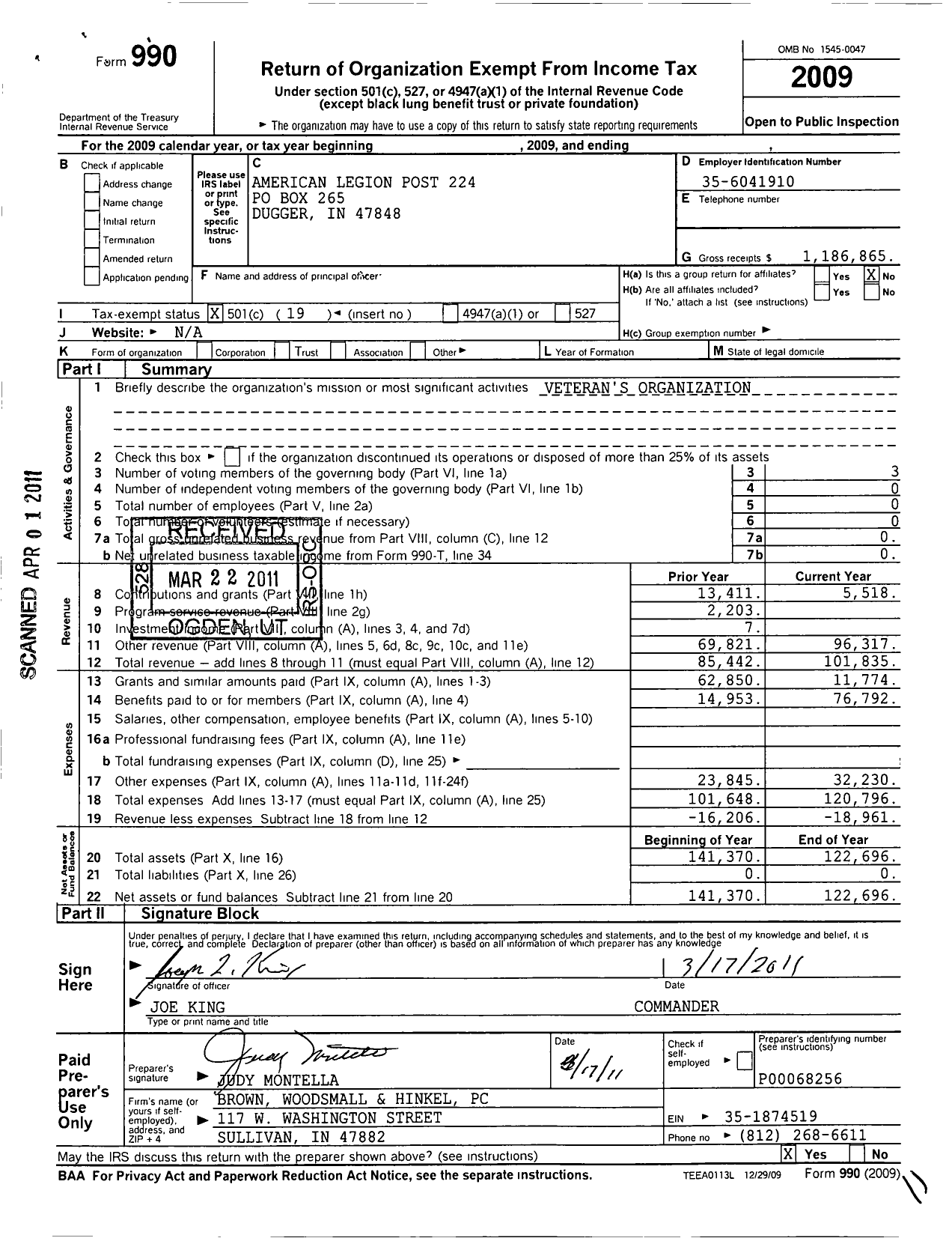 Image of first page of 2009 Form 990O for American Legion - Dugger American Legion Post 224