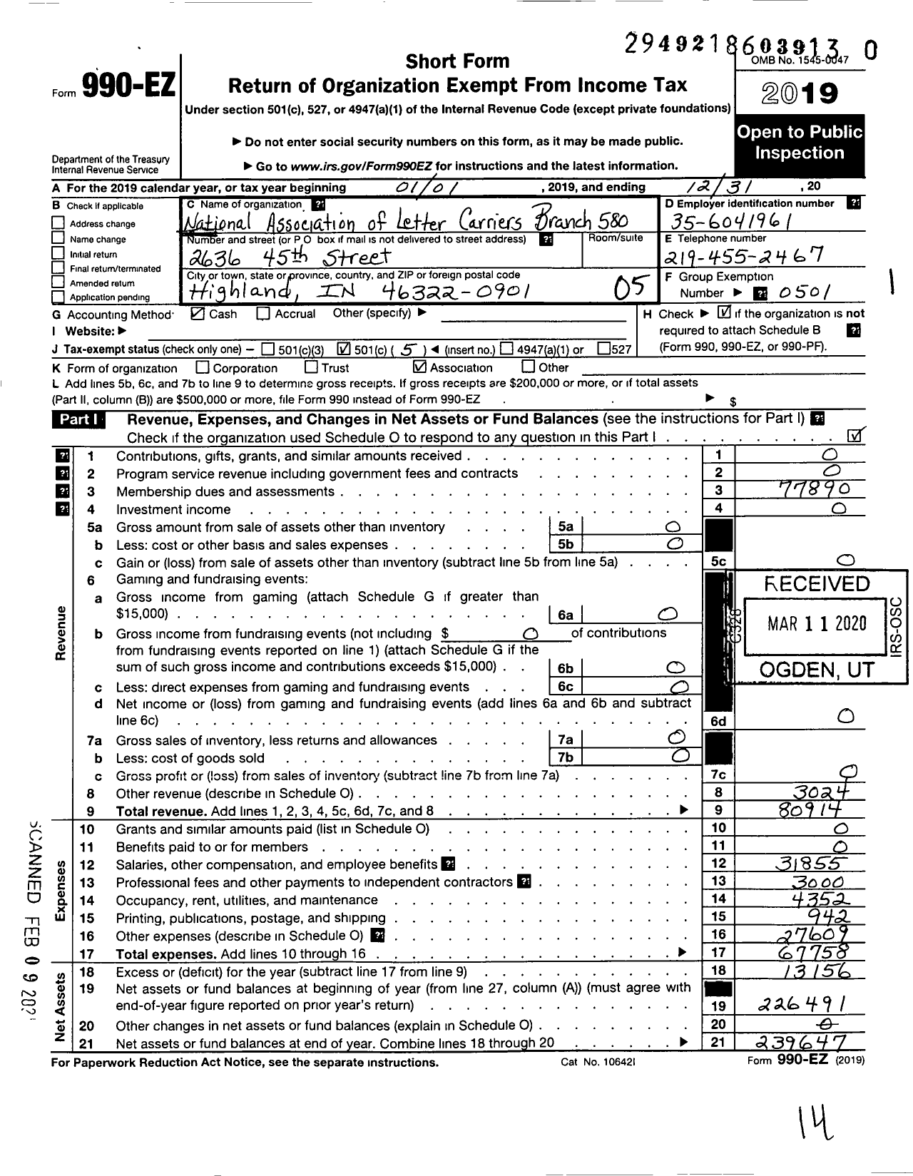 Image of first page of 2019 Form 990EO for National Association of Letter Carriers - 580 Nwi South Shore Branch