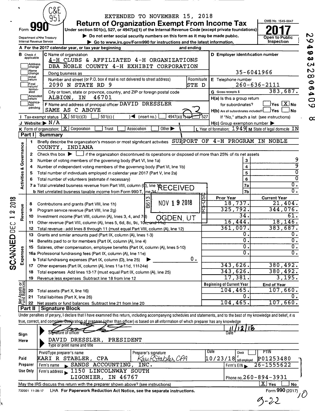 Image of first page of 2017 Form 990 for Noble County 4-H Exhibit Corporatio