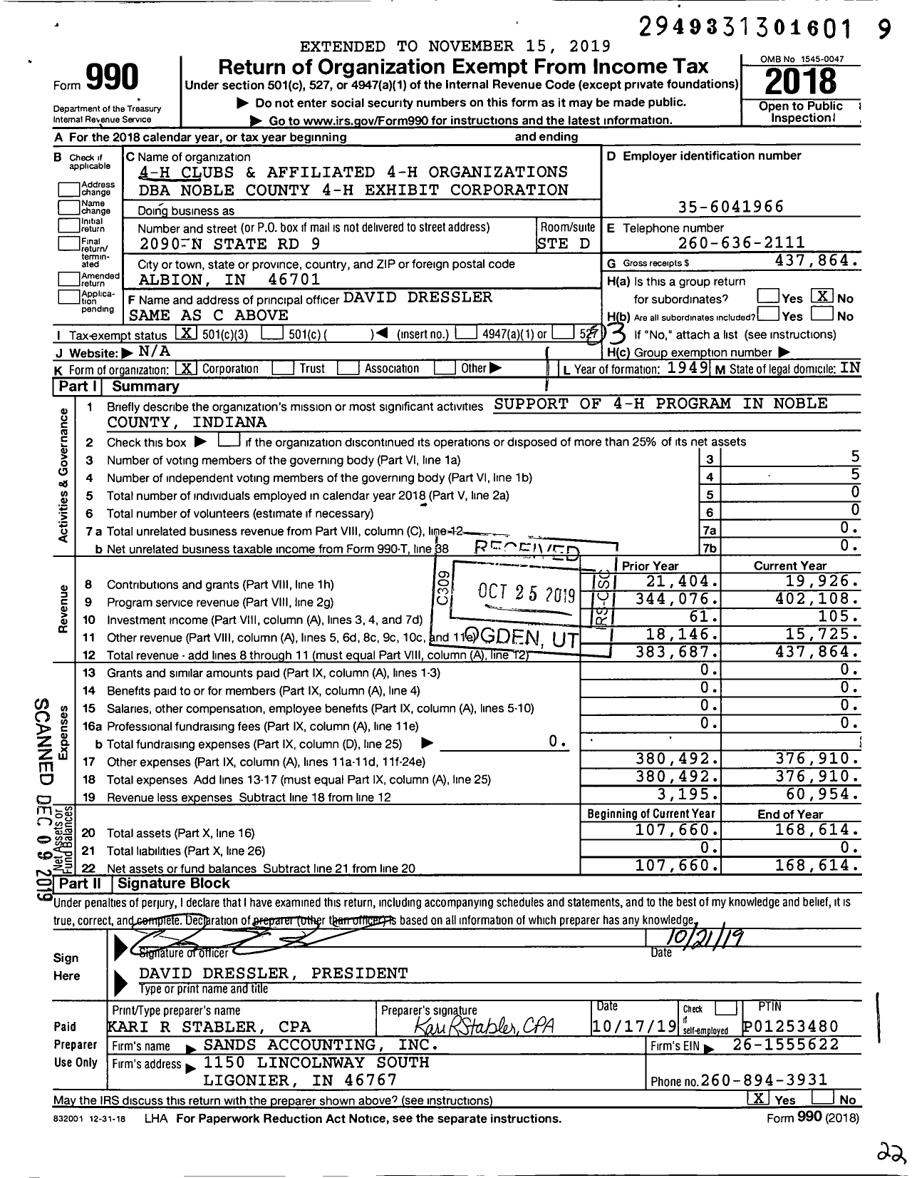 Image of first page of 2018 Form 990 for Noble County 4-H Exhibit Corporatio