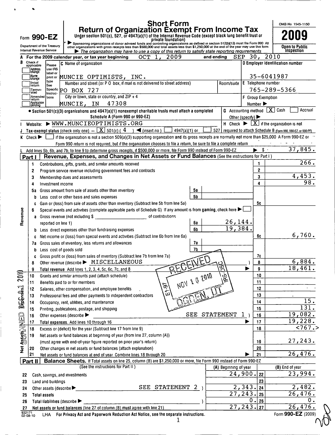 Image of first page of 2009 Form 990EO for Optimist International - 04390 Muncie Oc of Delaware Cnty in