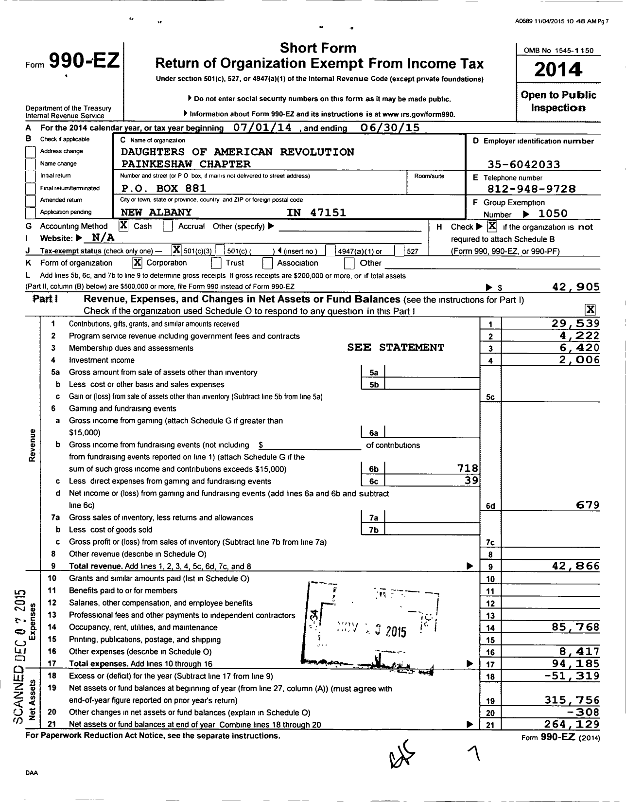 Image of first page of 2014 Form 990EZ for Daughters of the American Revolution - Piankeshaw Dar