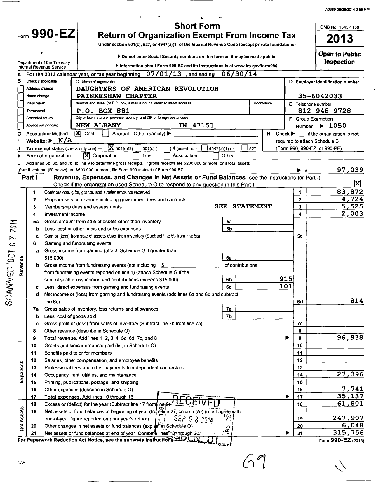 Image of first page of 2013 Form 990EZ for Daughters of the American Revolution - Piankeshaw Dar