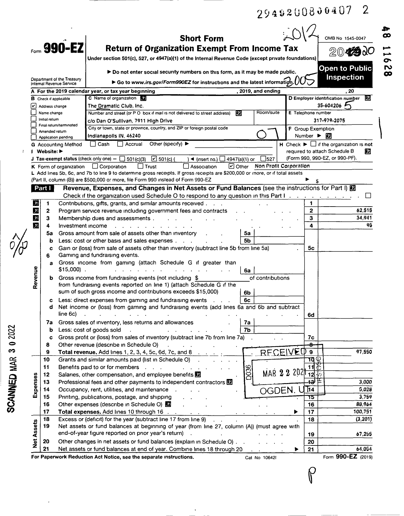 Image of first page of 2020 Form 990EO for The Dramatic Club