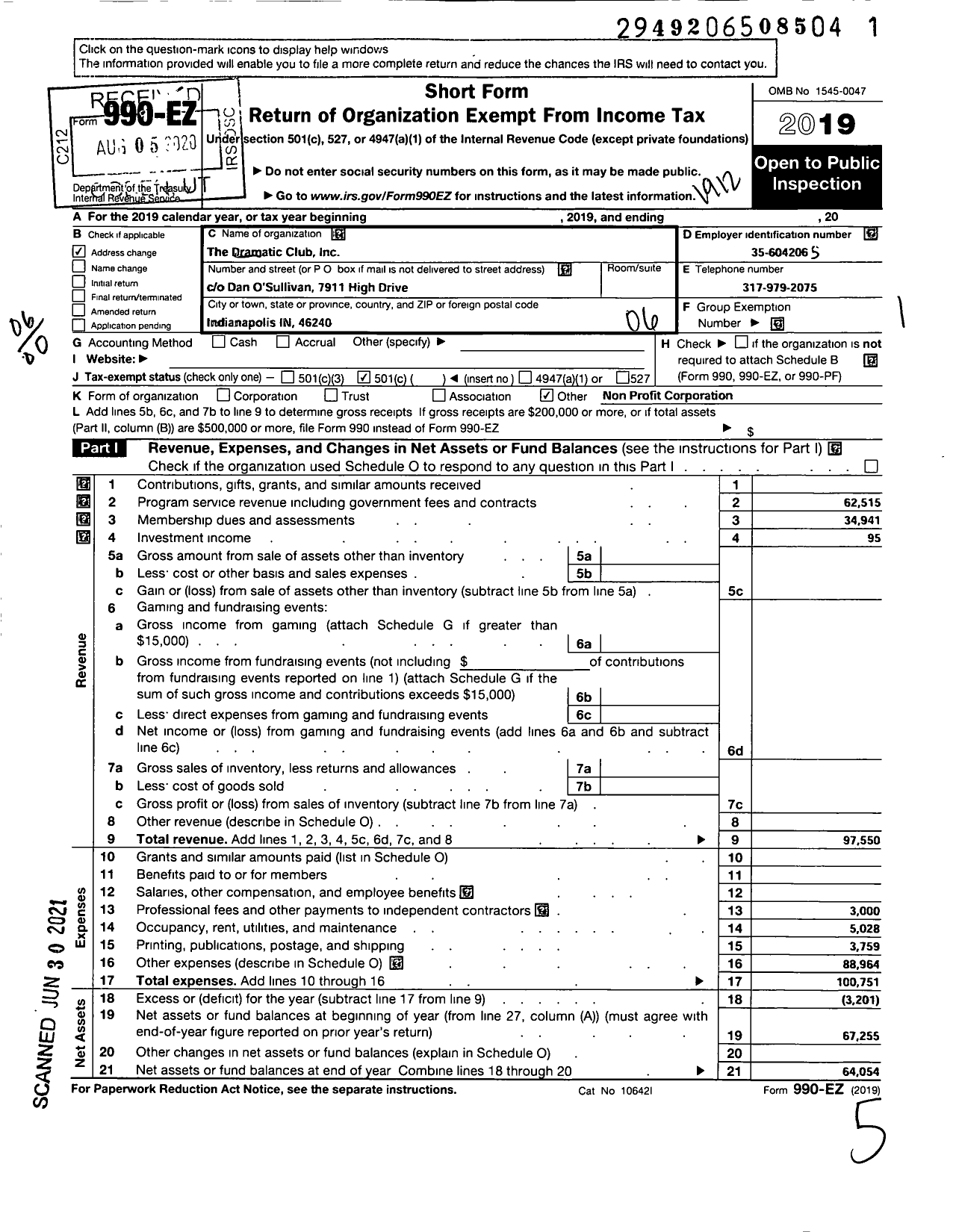 Image of first page of 2019 Form 990EO for The Dramatic Club