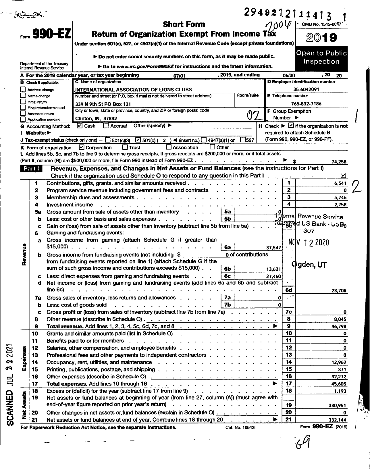 Image of first page of 2019 Form 990EO for LIONS CLUBS - 9542 Clinton