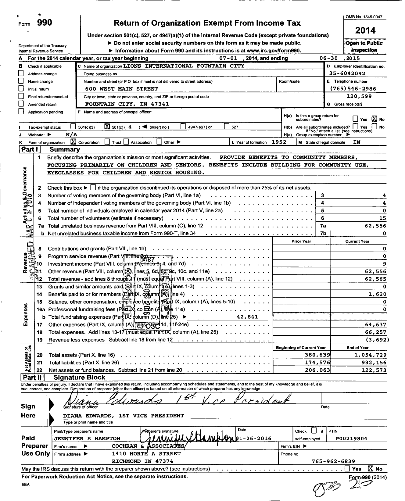 Image of first page of 2014 Form 990O for Lions Clubs - 9736 Fountain City