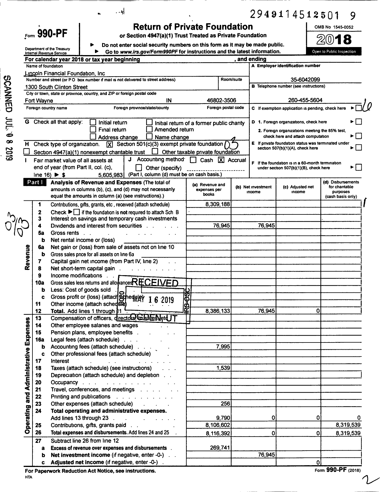 Image of first page of 2018 Form 990PF for Lincoln Financial Foundation