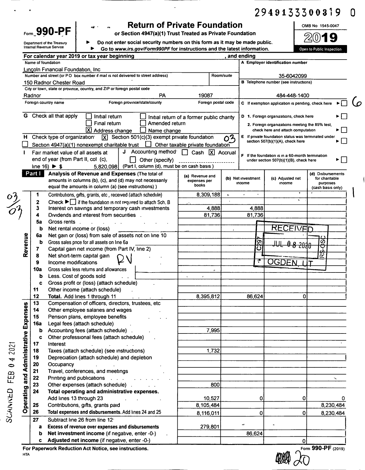 Image of first page of 2019 Form 990PF for Lincoln Financial Foundation