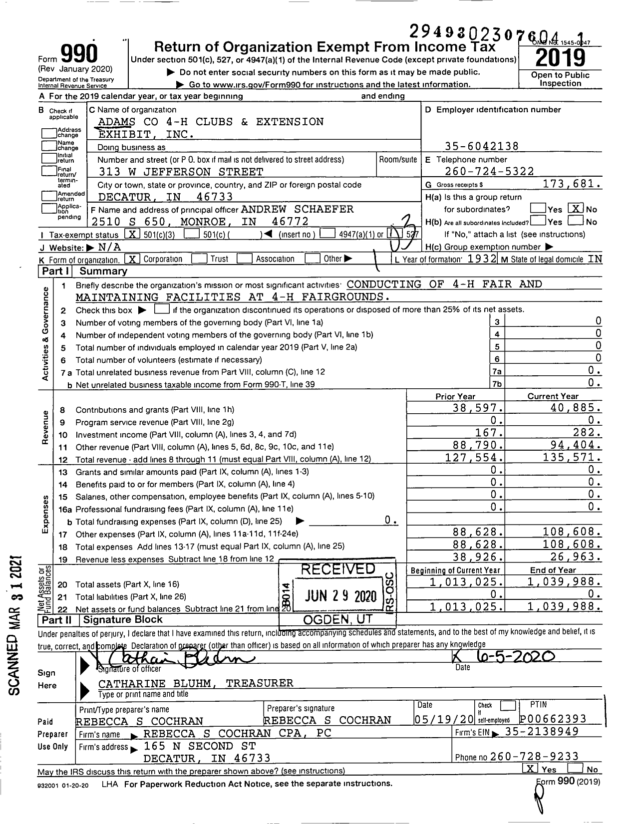 Image of first page of 2019 Form 990 for Adams 4-H Clubs and Extension Exhibit