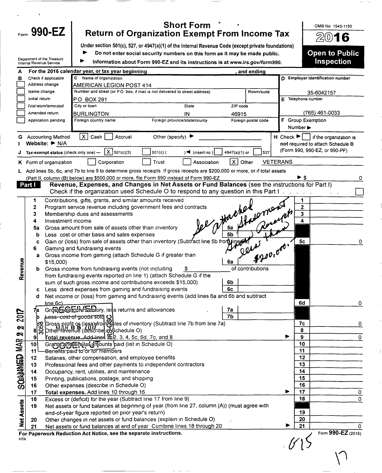 Image of first page of 2016 Form 990EZ for Burlington american LEGION POST 414