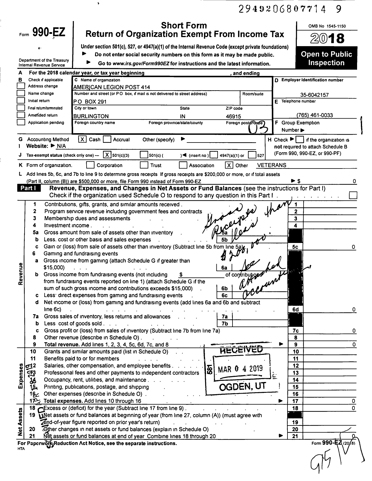 Image of first page of 2018 Form 990EZ for Burlington american LEGION POST 414
