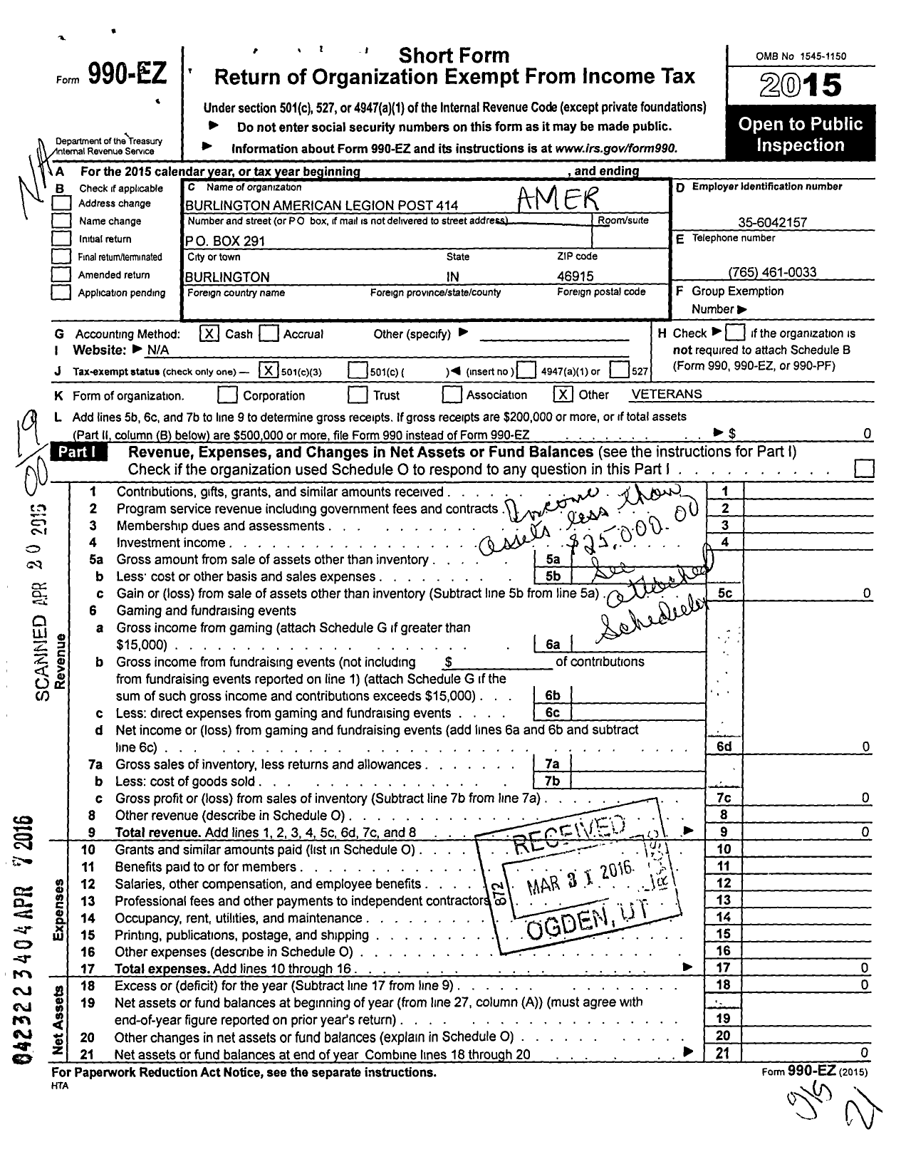 Image of first page of 2015 Form 990EZ for Burlington american LEGION POST 414