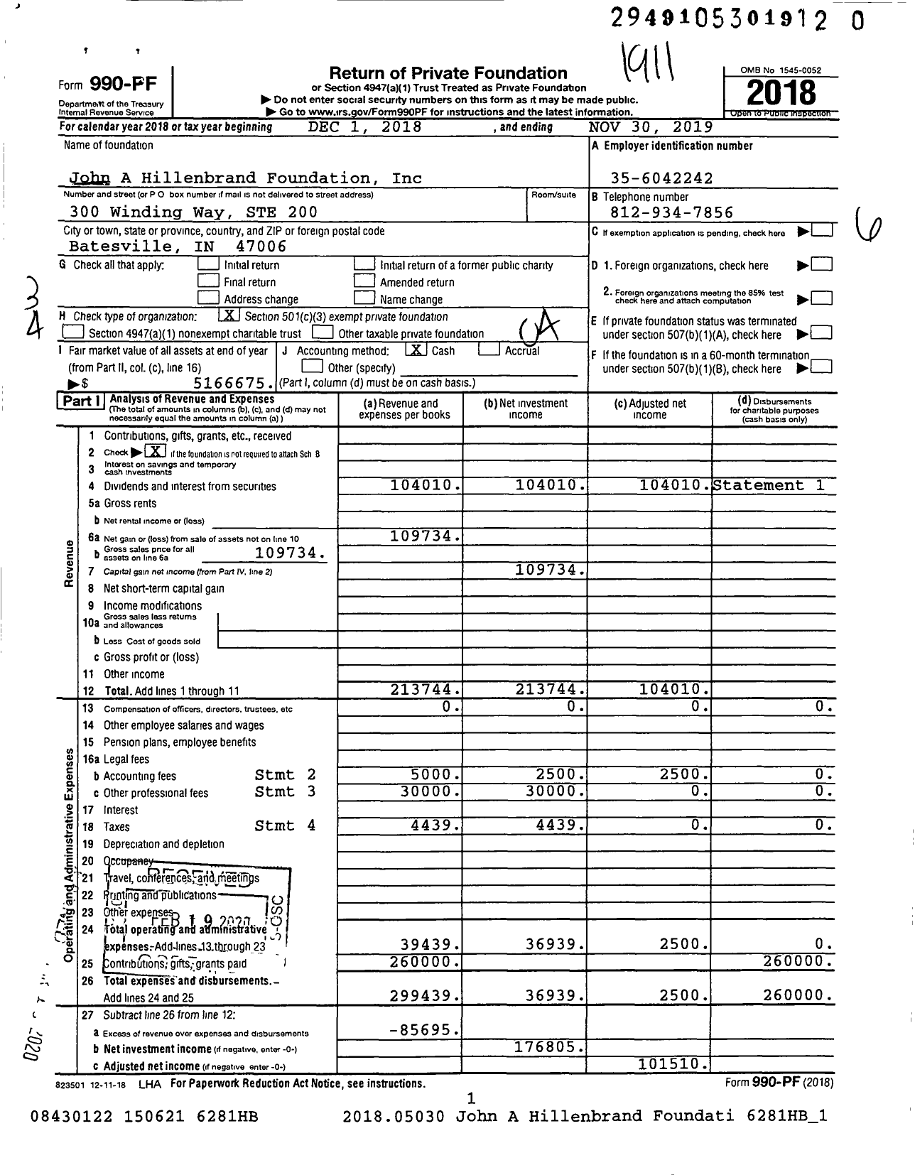 Image of first page of 2018 Form 990PR for John A Hillenbrand Foundation