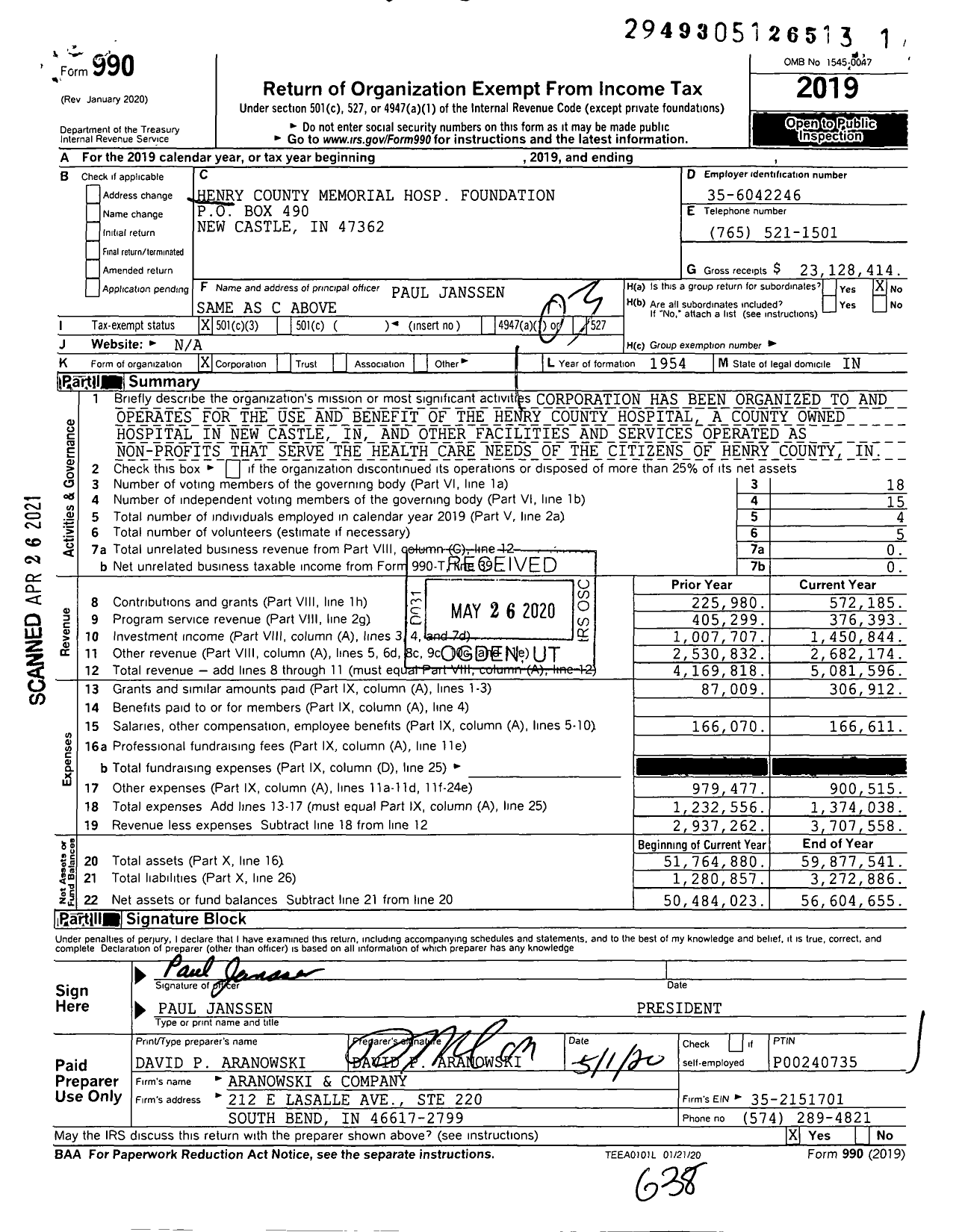 Image of first page of 2019 Form 990 for Henry County Memorial Hospital Foundation