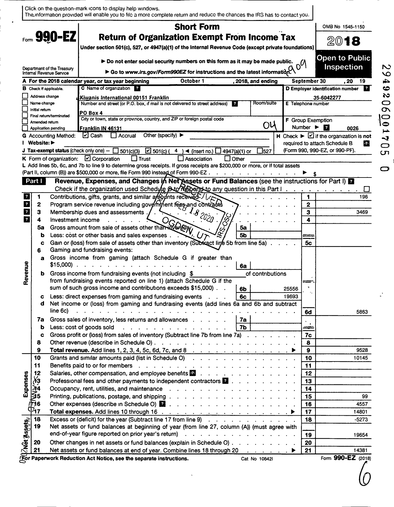 Image of first page of 2018 Form 990EO for Kiwanis International - K00151 Franklin