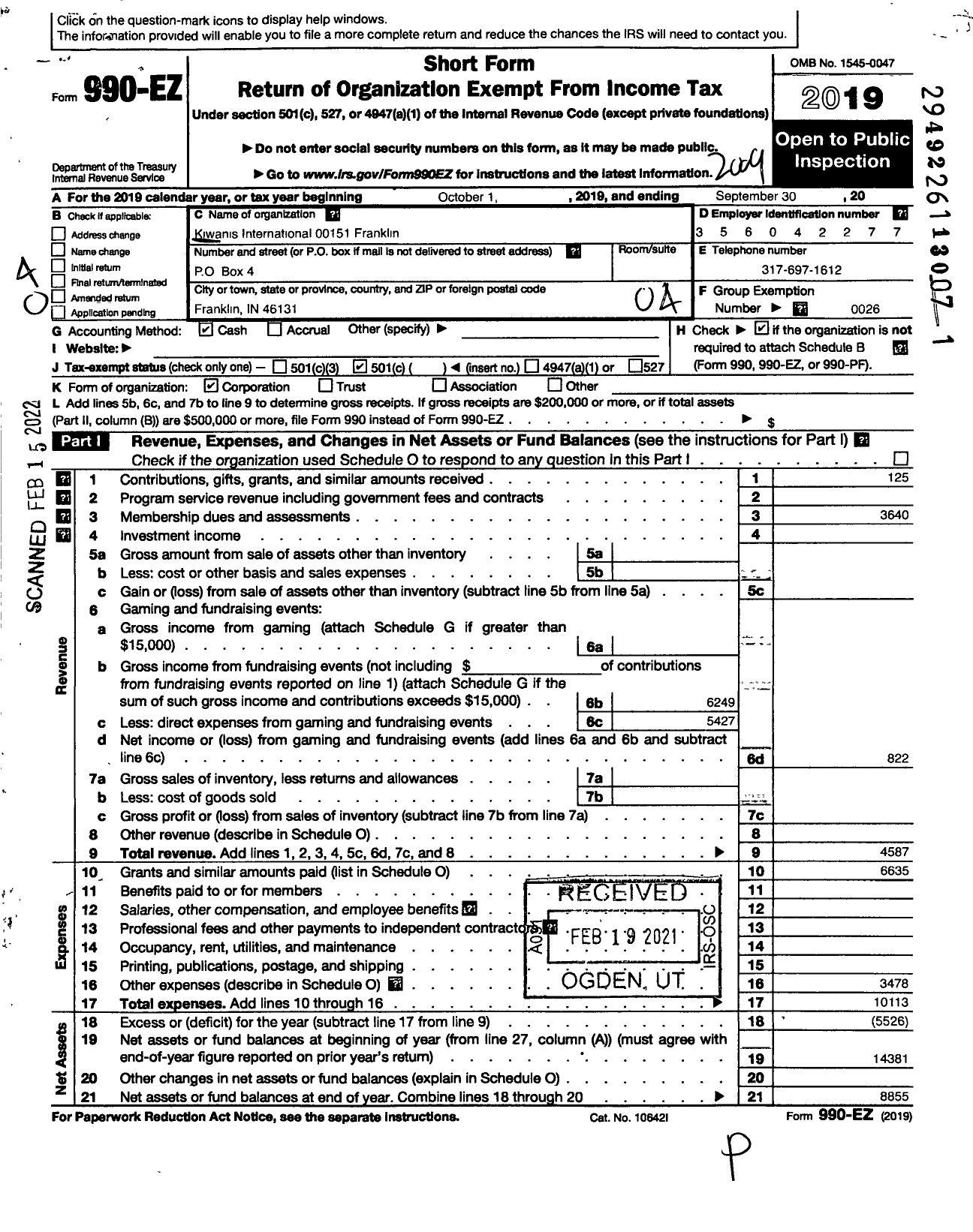 Image of first page of 2019 Form 990EO for Kiwanis International - K00151 Franklin