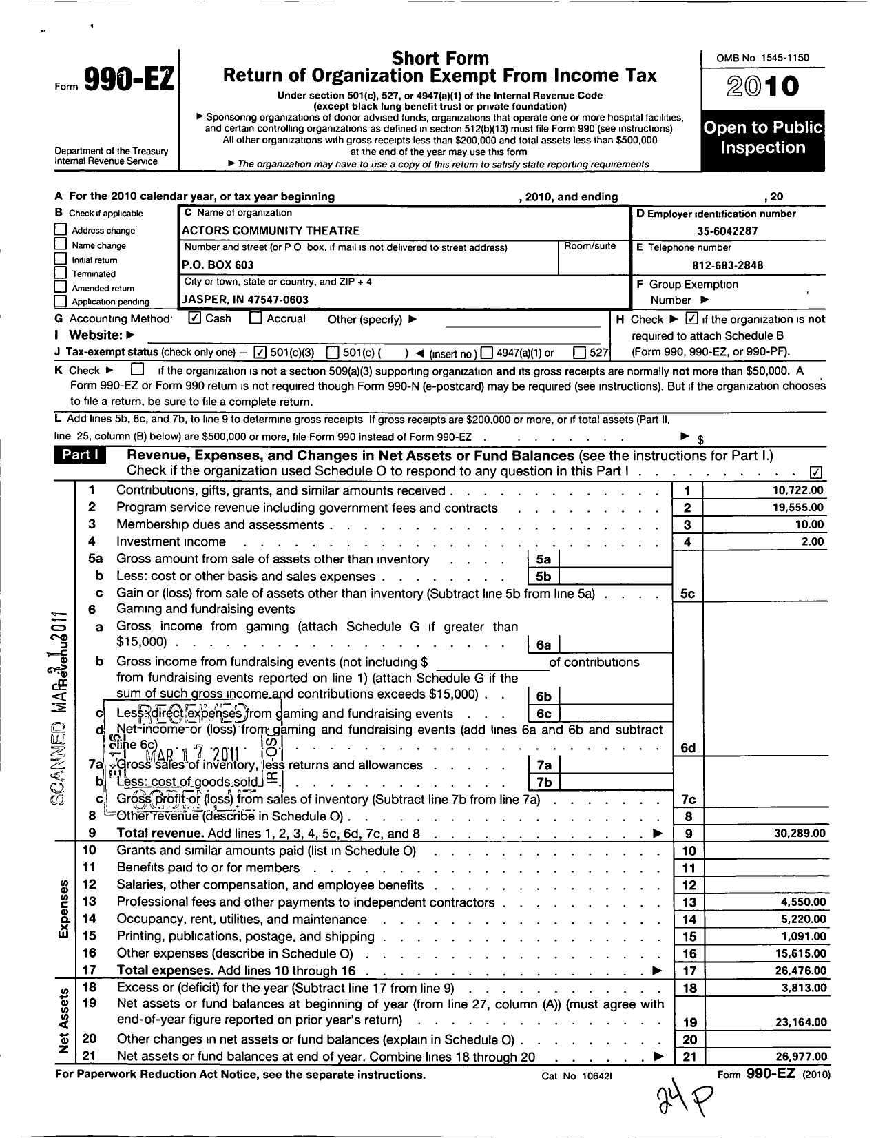 Image of first page of 2010 Form 990EZ for Actors Community Theatre