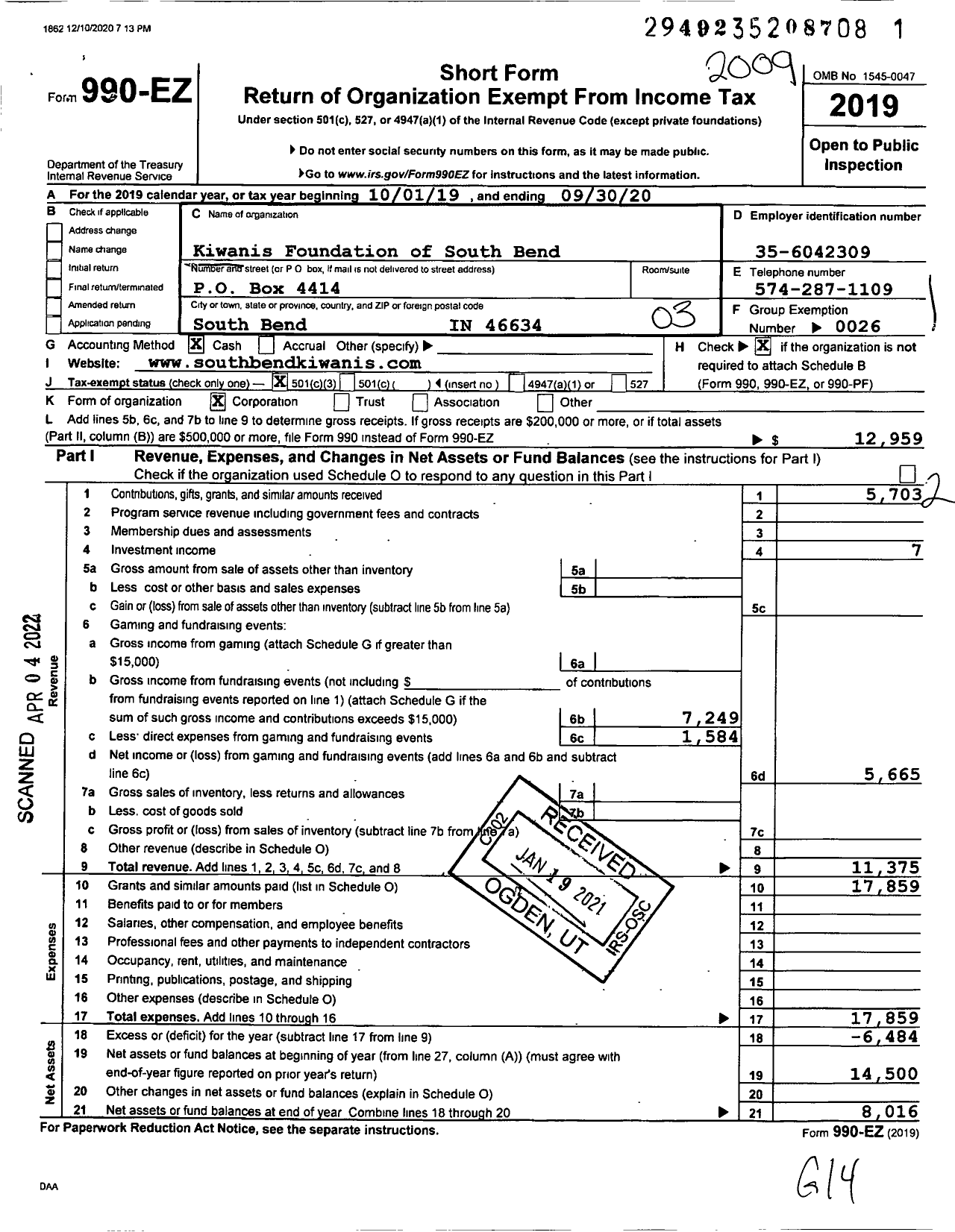 Image of first page of 2019 Form 990EZ for Kiwanis Foundation of South Bend