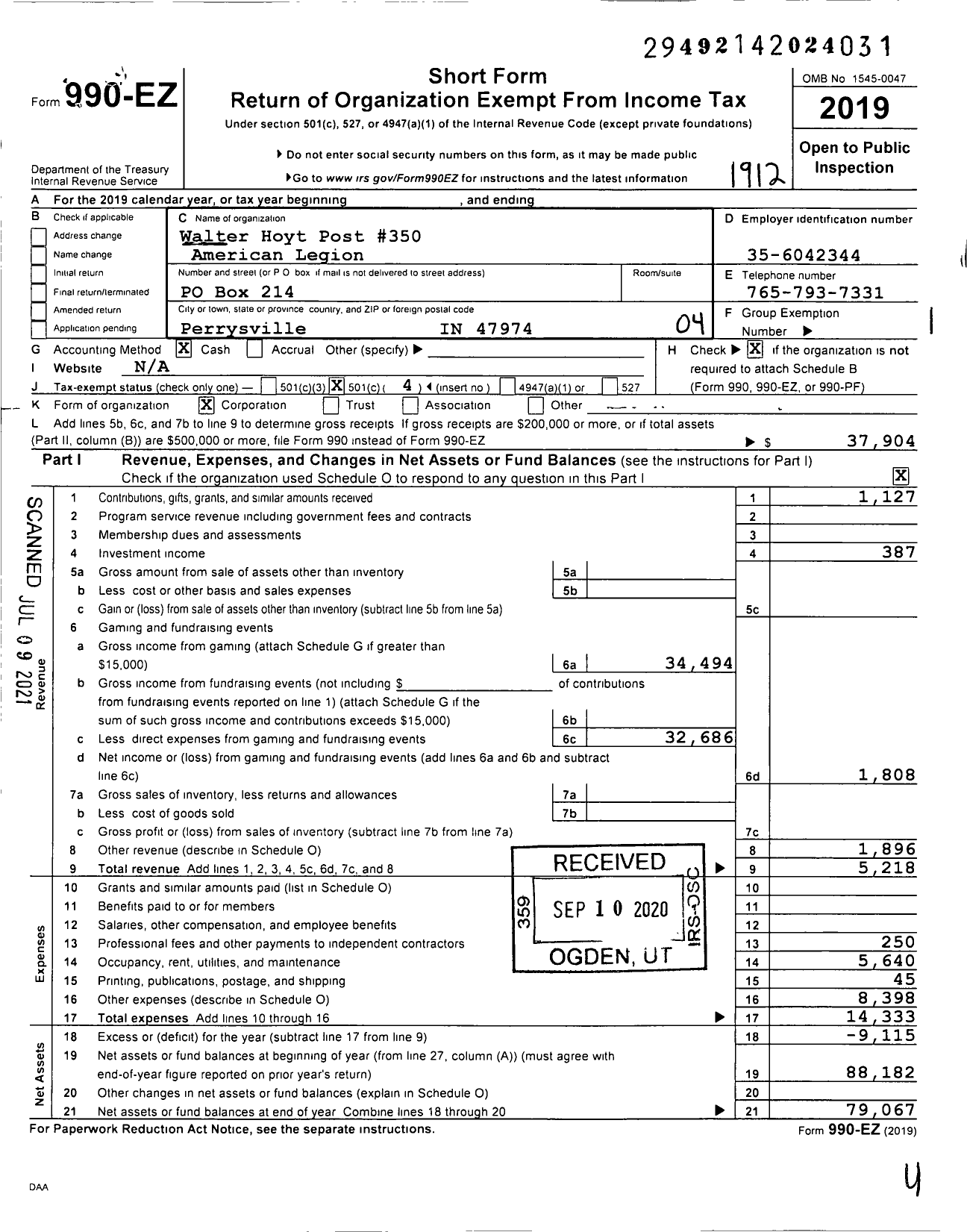 Image of first page of 2019 Form 990EO for American Legion - 350 Walter Hoyt