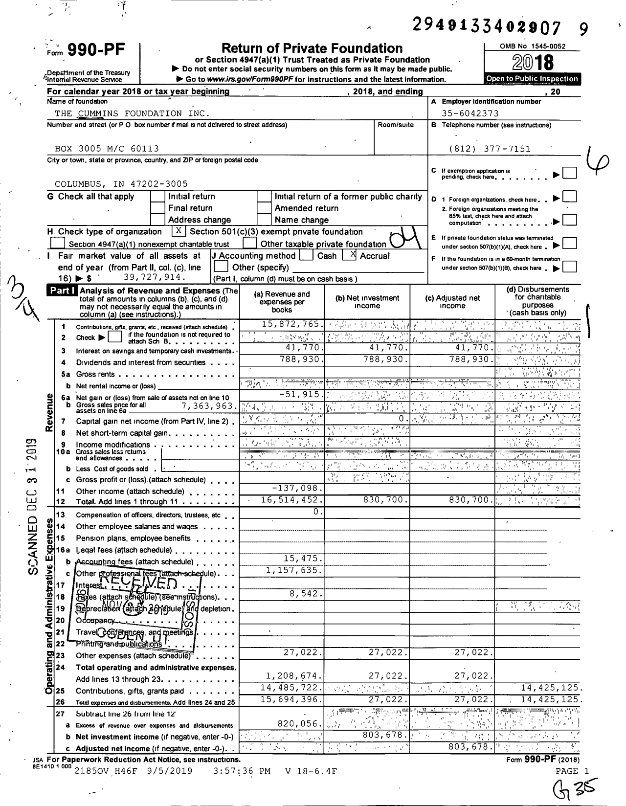 Image of first page of 2018 Form 990PF for The Cummins Foundation