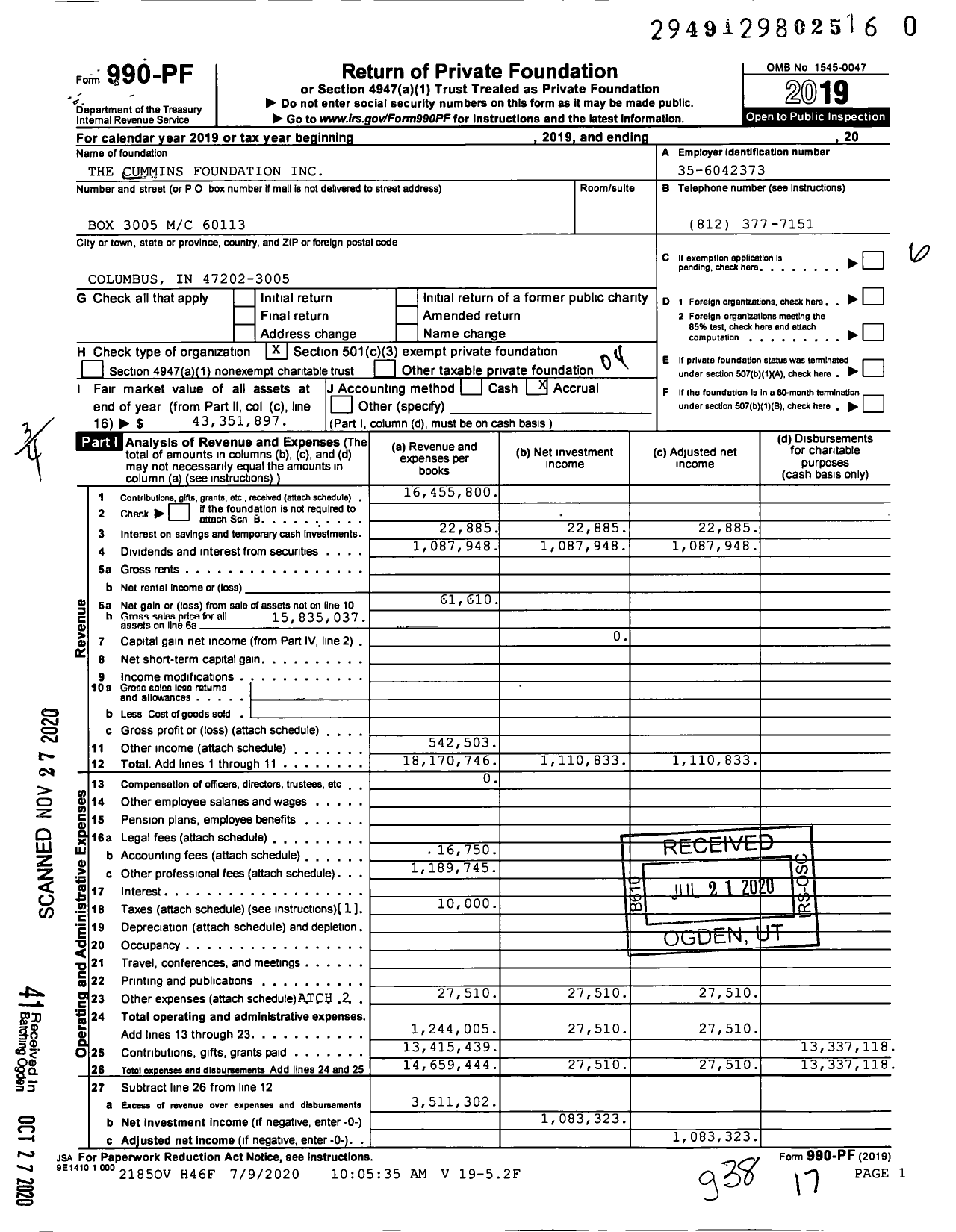 Image of first page of 2019 Form 990PF for The Cummins Foundation