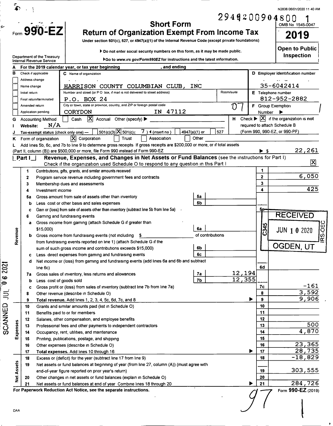 Image of first page of 2019 Form 990EO for Harrison County Columbian Club