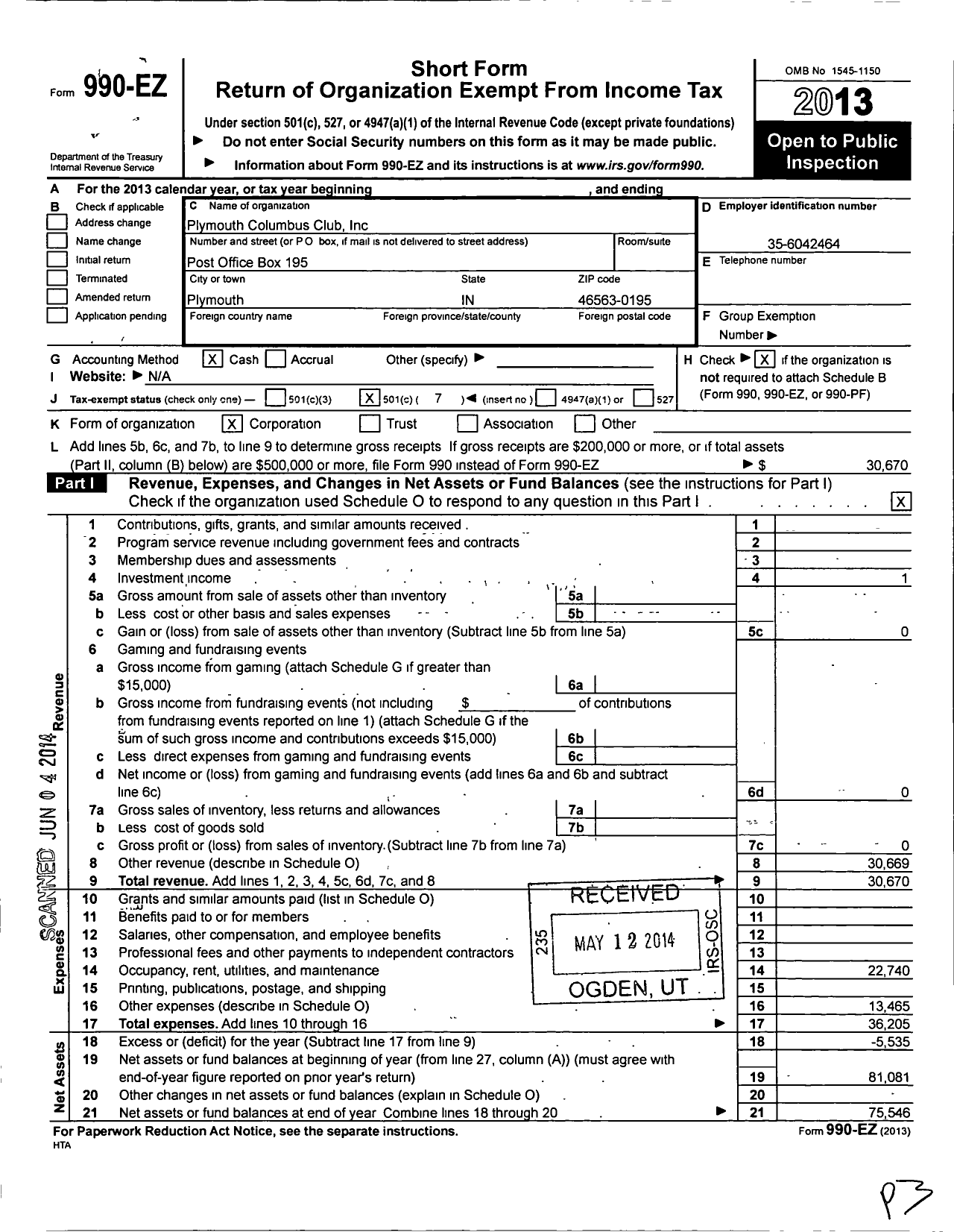 Image of first page of 2013 Form 990EO for Plymouth Columbus Club