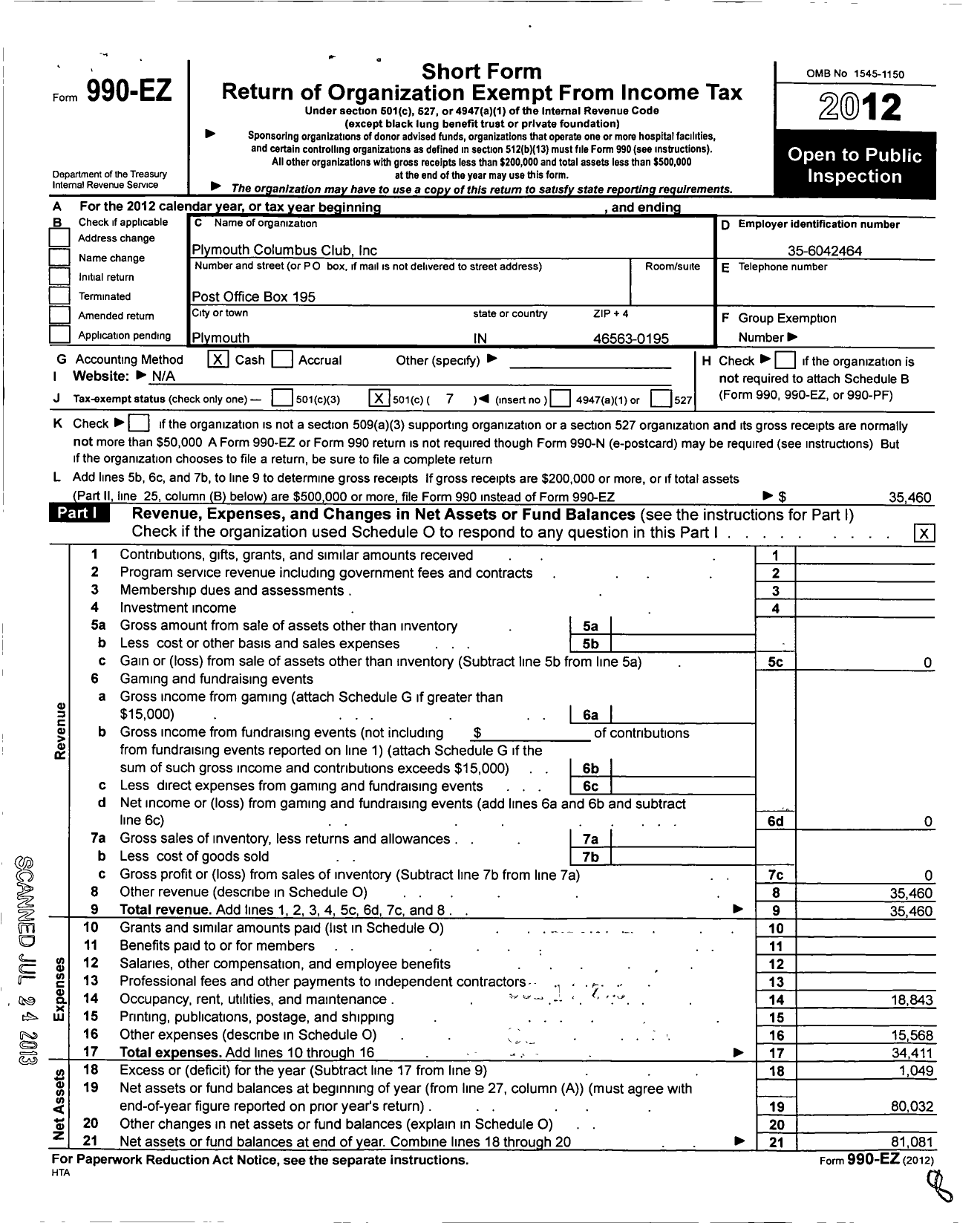 Image of first page of 2012 Form 990EO for Plymouth Columbus Club