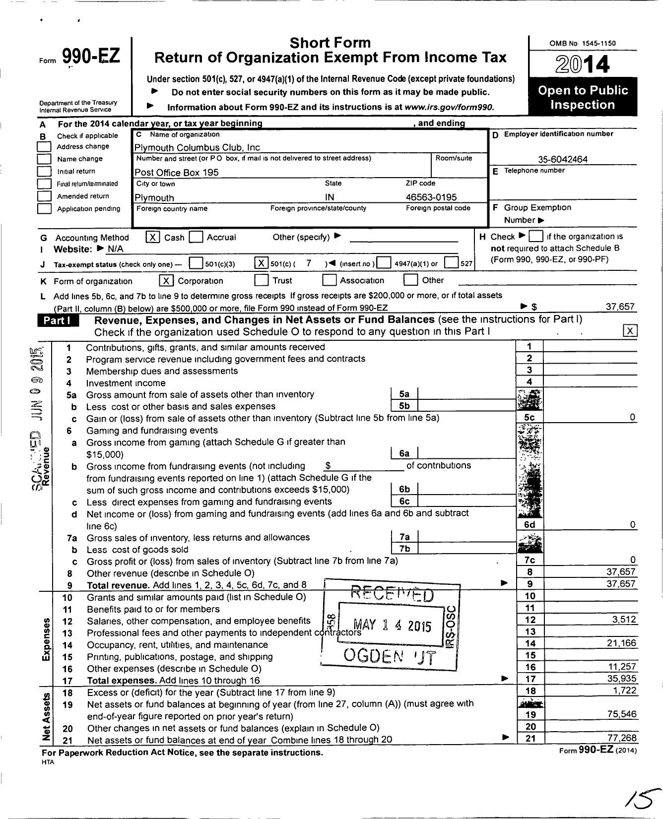 Image of first page of 2014 Form 990EO for Plymouth Columbus Club