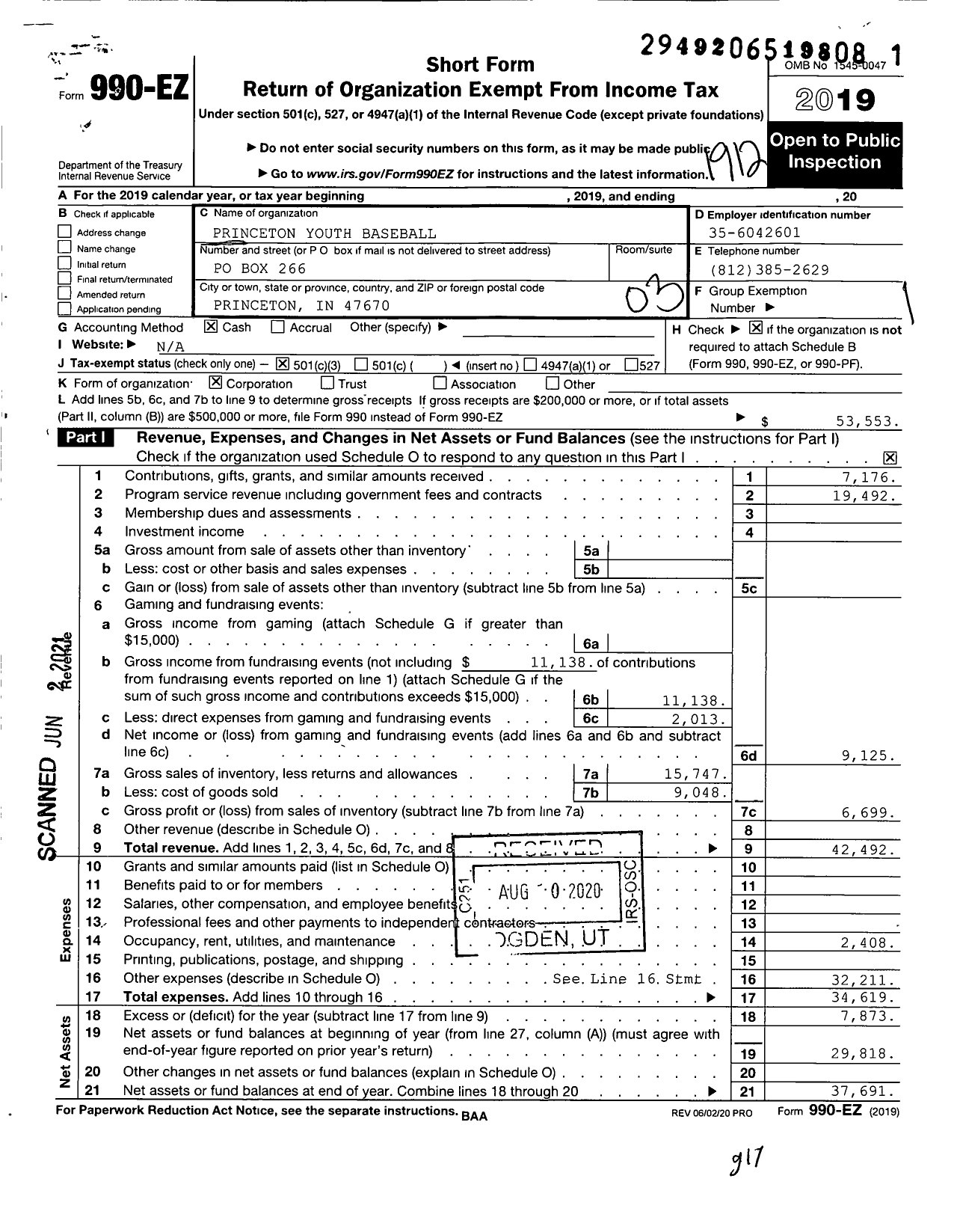 Image of first page of 2019 Form 990EZ for Princeton Youth Baseball