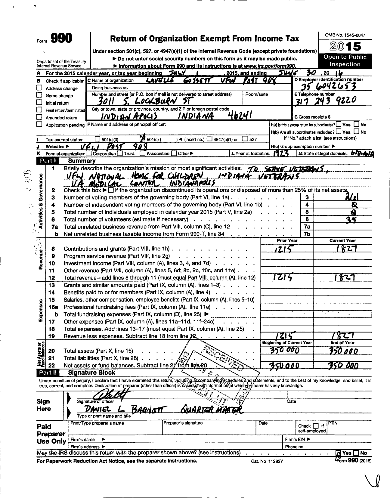 Image of first page of 2015 Form 990O for Lavelle Gossett VFW Post 908