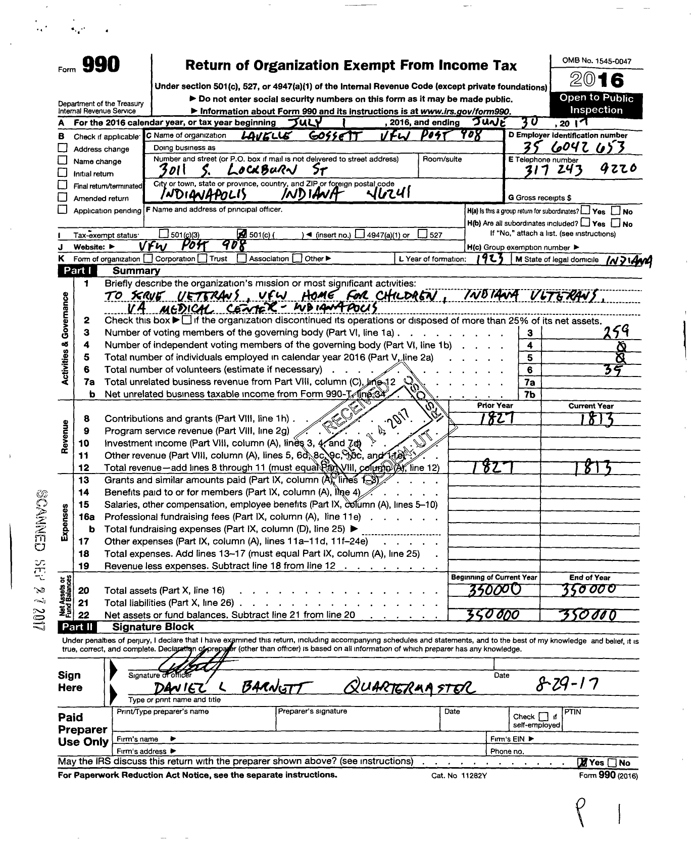 Image of first page of 2016 Form 990O for Lavelle Gossett VFW Post 908